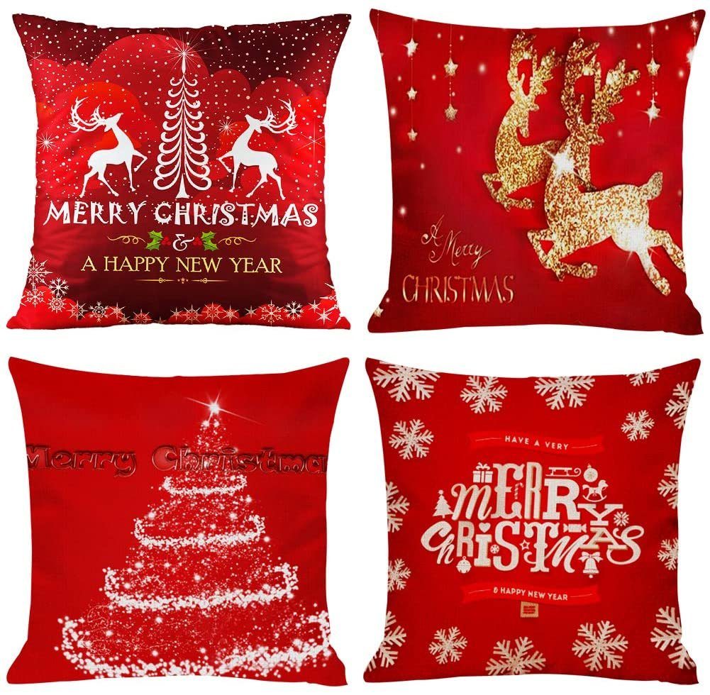 Kissenbezüge 4 x Kissenbezug aus Mikrofaser für Weihnachten Kissenhüllen 45 x 45 cm, MyBeautyworld24 rot/weiss