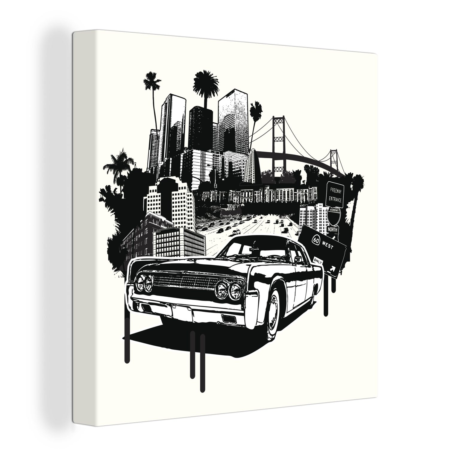 OneMillionCanvasses® Leinwandbild Schwarz-weiß Illustration eines amerikanischen Autos vor einer Skyline, (1 St), Leinwand Bilder für Wohnzimmer Schlafzimmer
