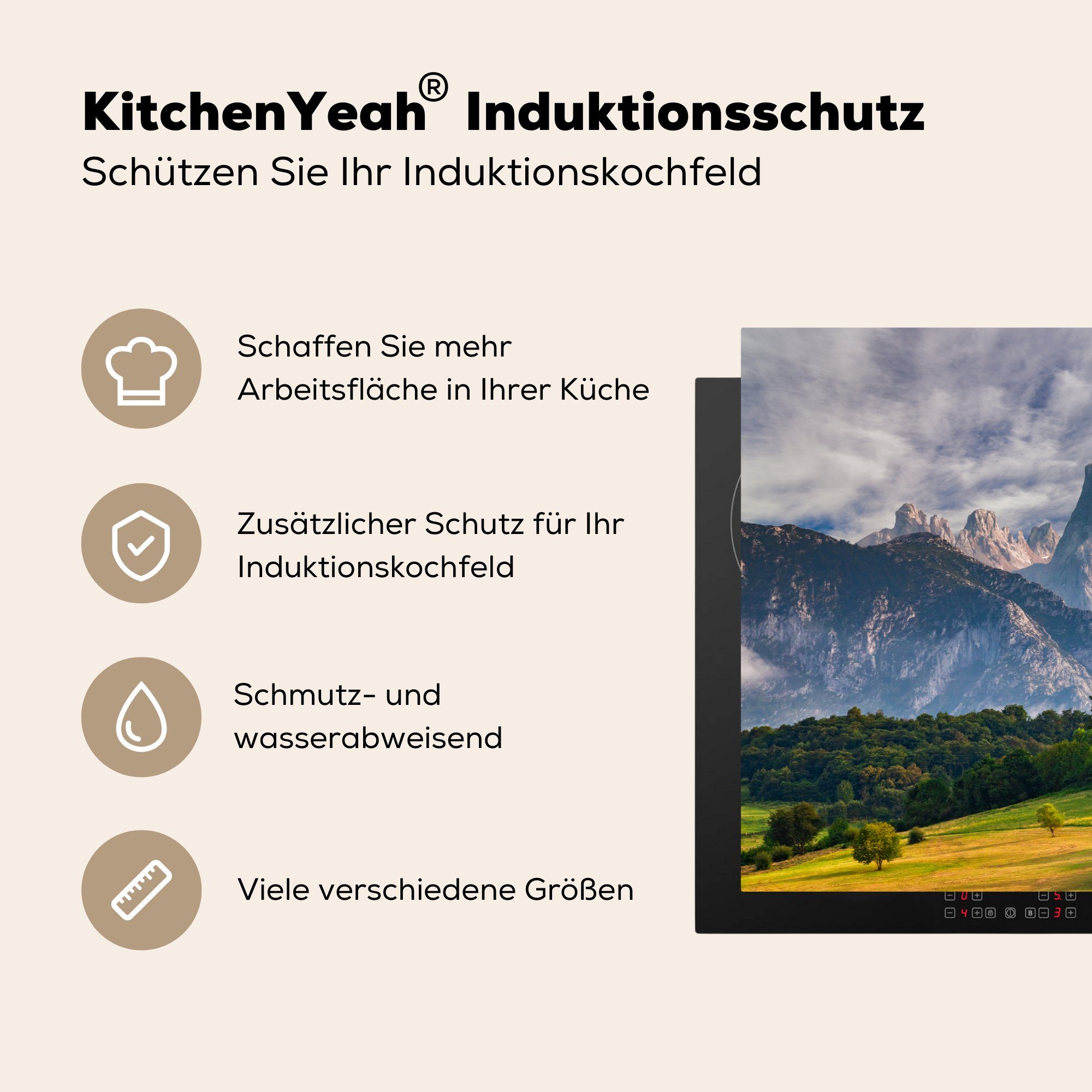 Herdblende-/Abdeckplatte Vinyl, küche, MuchoWow für Europa Spanien, der in (1 Induktionskochfeld die Blick cm, Schutz Ceranfeldabdeckung die Berge auf Picos 81x52 tlg), de