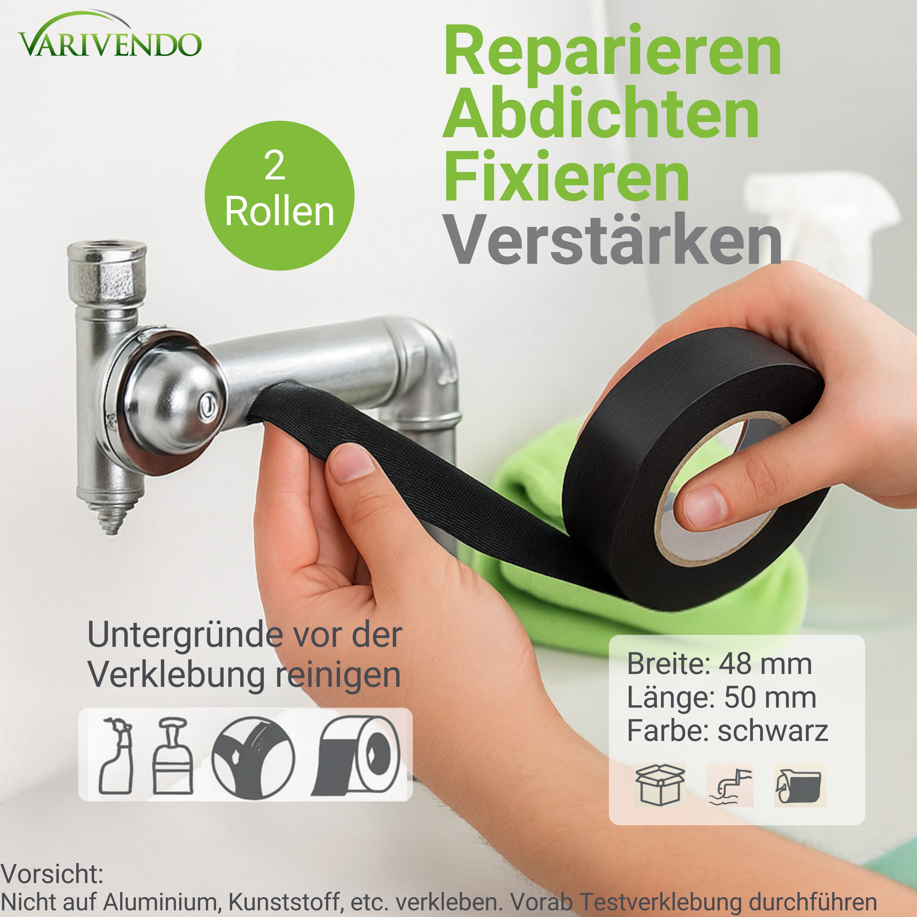 varivendo Klebeband Allzweckband Schwarz 2 Rollen 48mmx50m Klebeband (Rollen, 2-St., Gewebe Klebeband) Klebeband Panzerband Gewebeband Duct Tape Isolierband Reparaturband