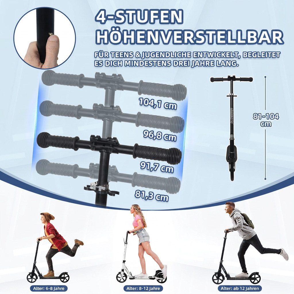 Nattork Scooter Klappbarer Kickscooter für Kinder und Erwachsene, bis 100 kg Traglast, (1 tlg), Stabiler Tretroller mit höhenverstellbarem Lenker, 8-Zoll PU-Räd – Bild 2 von 5