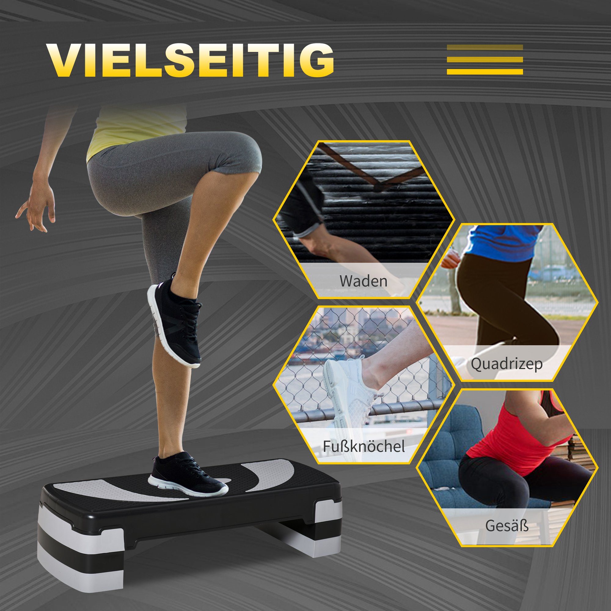 HOMCOM Stepper Steppbrett höhenverstellbar mit 3 Stufen (10/15/20 cm) (Fitness Heimtrainer, 1-tlg., Aerobic-Stepper), für Indoor Outdoor Belastbarkeit bis 150 kg 80 x 31 x 10-20 cm