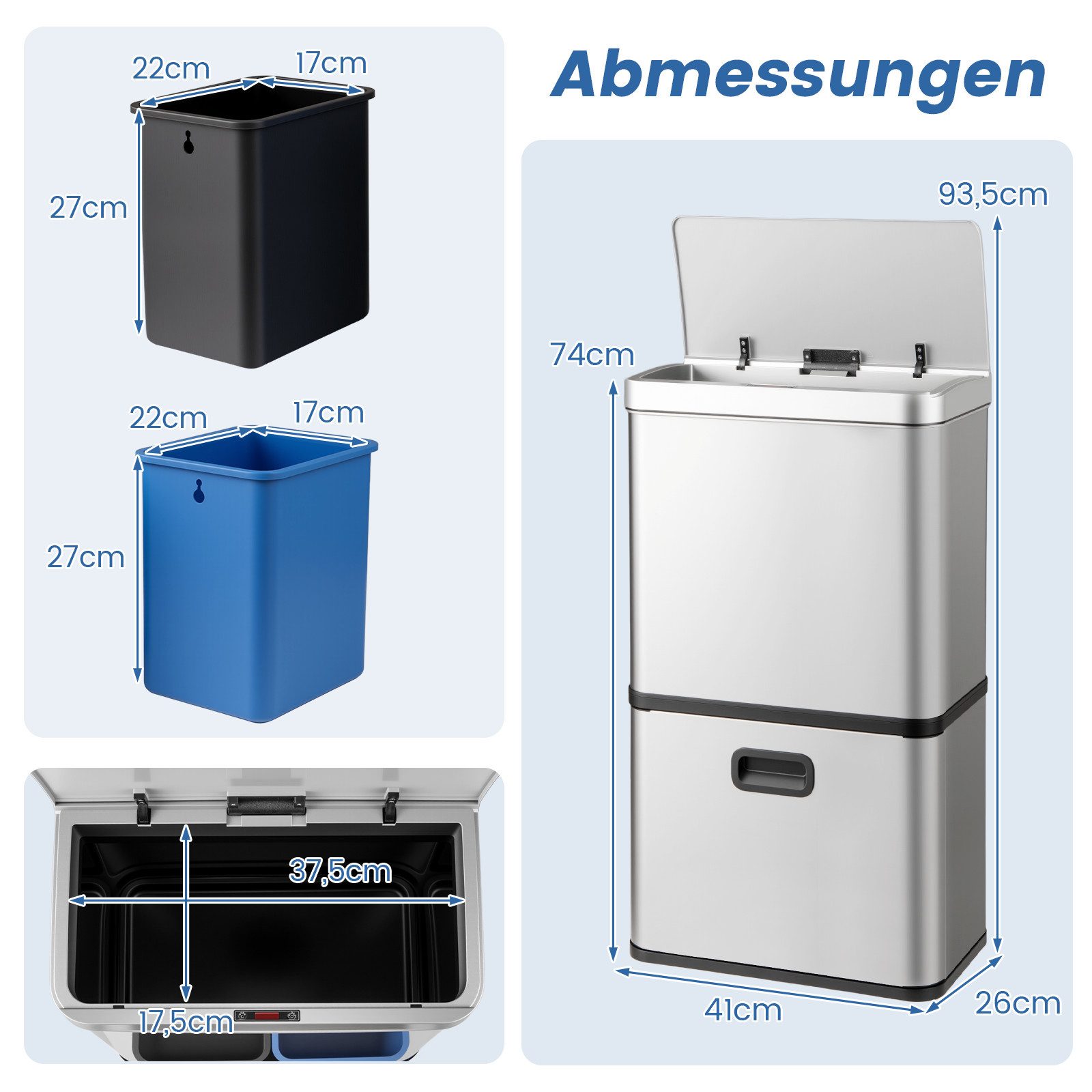 COSTWAY Mülleimer, 3 Fächer 2x10L+36L, mit Sensor & Softclose-Deckel Silber