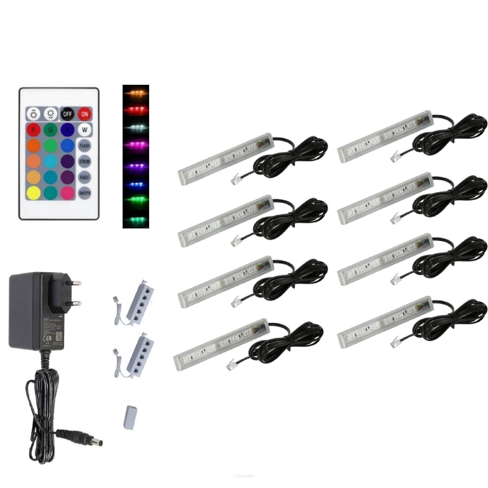 QLS LED Unterbauleuchte RGB 12V 2-8 Stück Schwarz, LED fest integriert, Glasbodenbeleuchtung Lichtleiste Fernbedienung 16 Farben Dimmbar