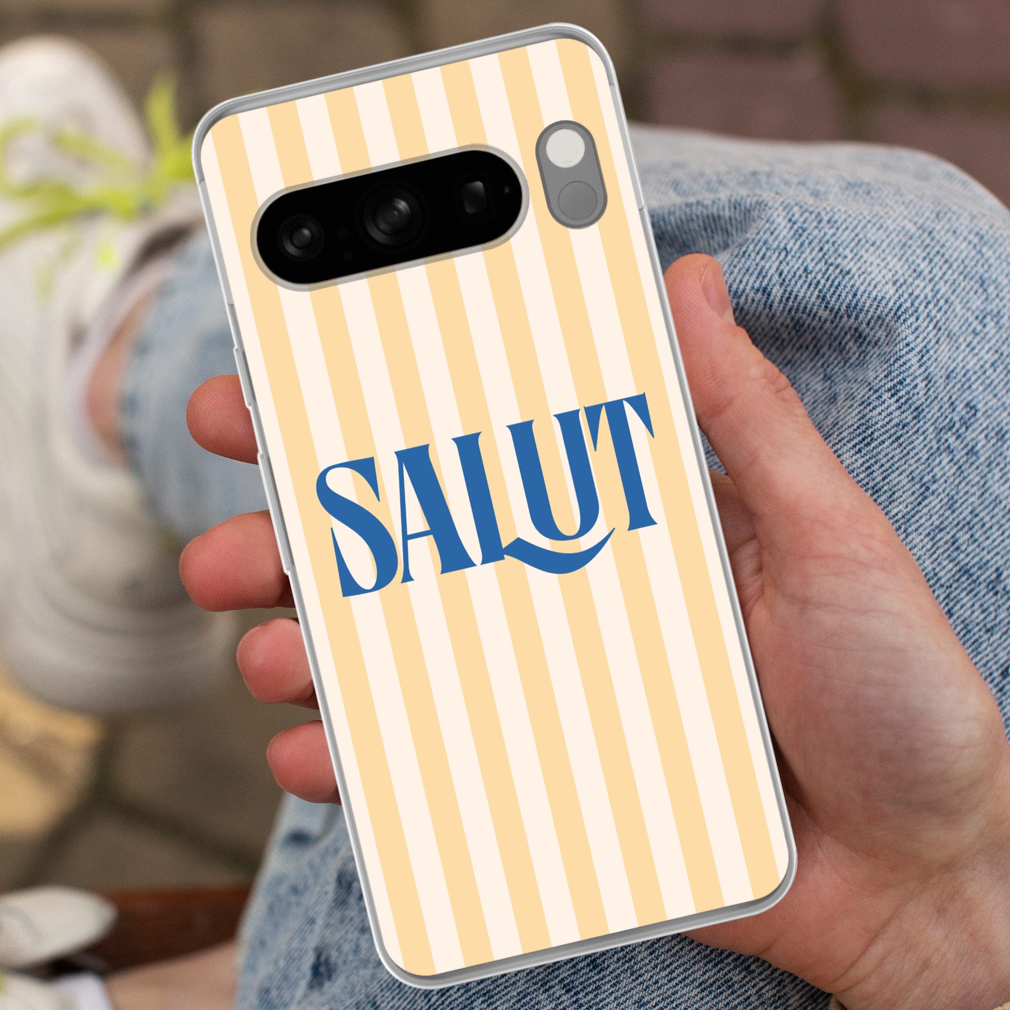 MuchoWow Handyhülle für Google Pixel 8 Pro Salut - Zitat - Streifen - Gelb - Blau - Weiß, Phone Case, Silikon, Schutzhülle Dünn