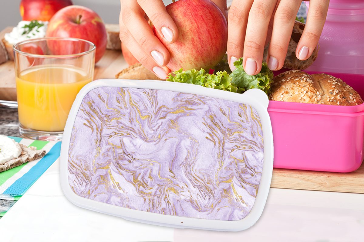 - rosa - MuchoWow Kunststoff Brotdose Snackbox, Mädchen, (2-tlg), Lunchbox für Muster, - Kinder, Kunststoff, Gold Erwachsene, Abstrakt Marmor Brotbox