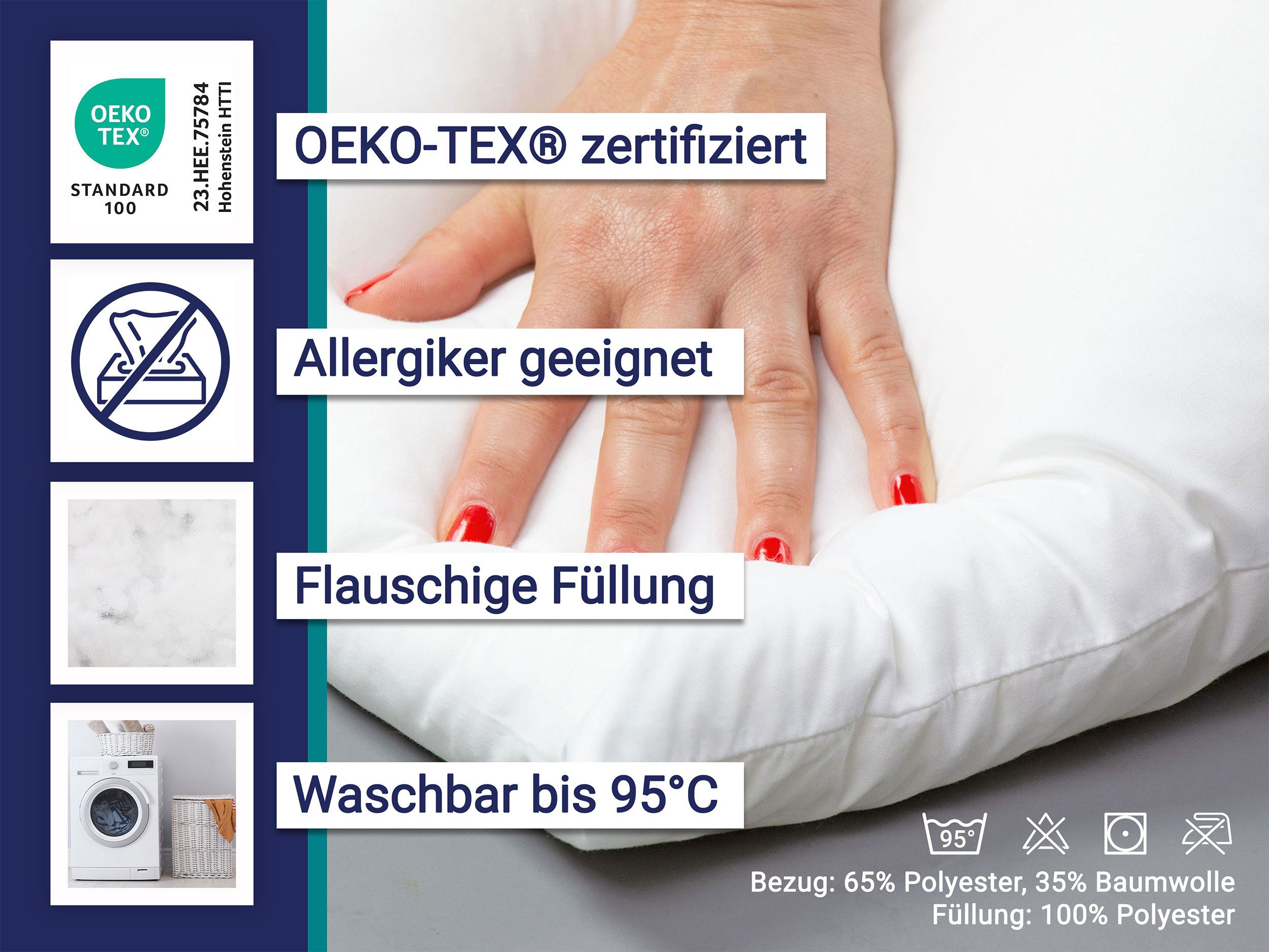 ZOLLNER Kopfkissen, Füllung: 100% Polyester, Seitenschläfer, Rückenschläfer, Bauchschläfer, 35 x 45 cm, 65% Polyester, 35% Baumwolle, vom Hotelwäschespezialisten