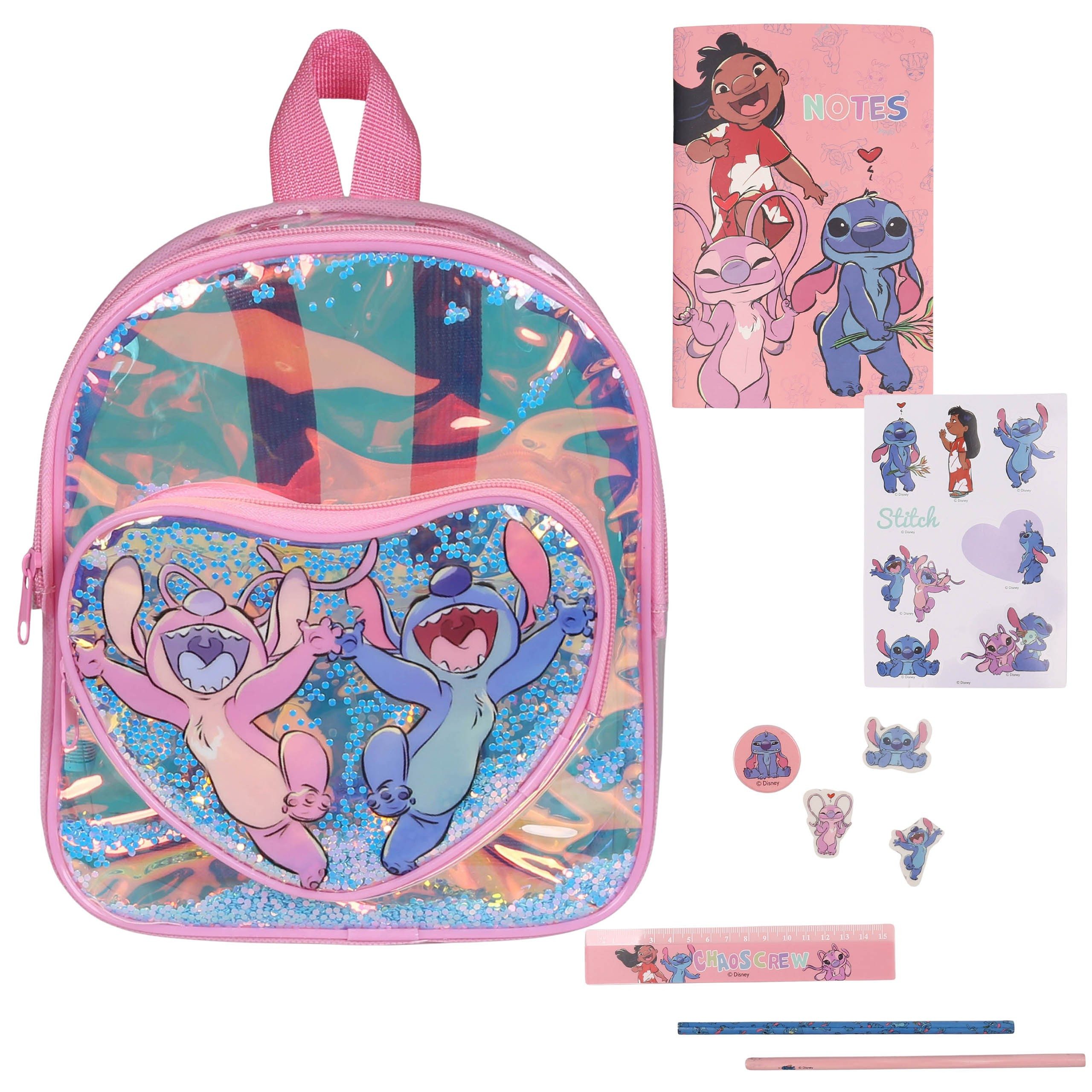 Disney Schulrucksack Disney Stitch Kinderrucksack transparent + Zubehör 24x21x6 cm