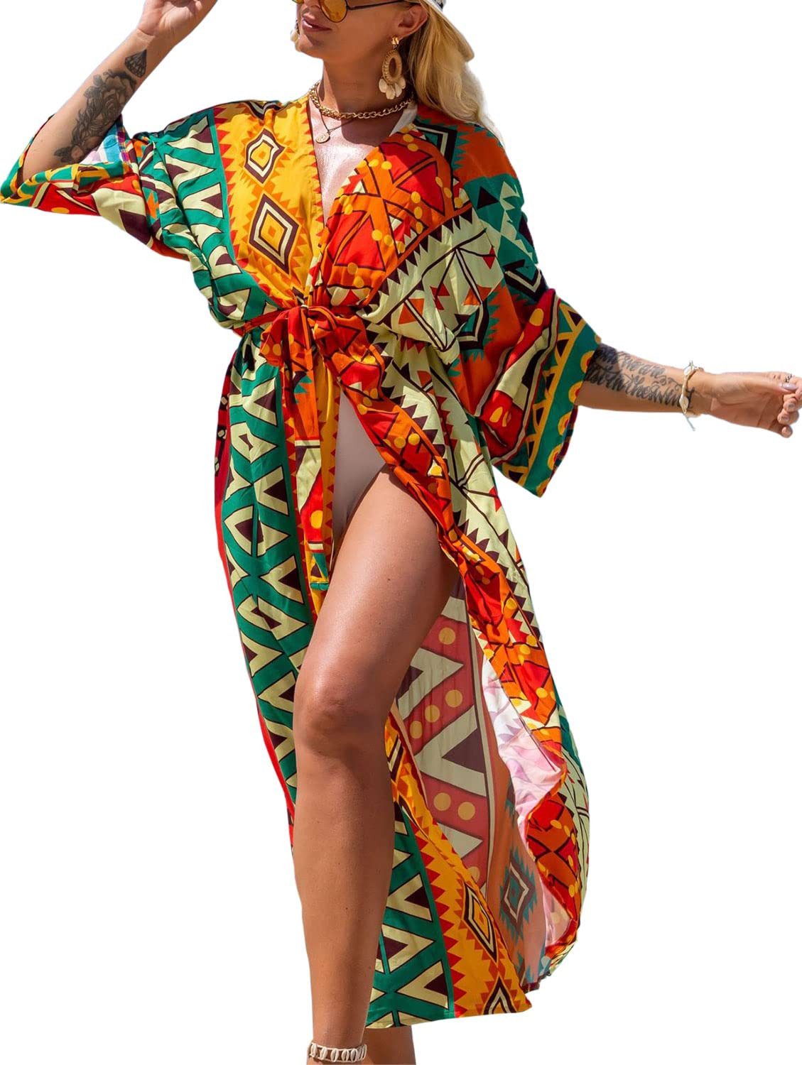 MOPUEA Strandkleid Damen Strandponcho Boho Kimono Cover Up Lang Sommer Cardigan (Strandponcho, 1 langer Strandponcho im Boho-Stil mit offener Vorderseite) Leicht Atmungsaktiv Oversize Boho Print Offene Vorderseite