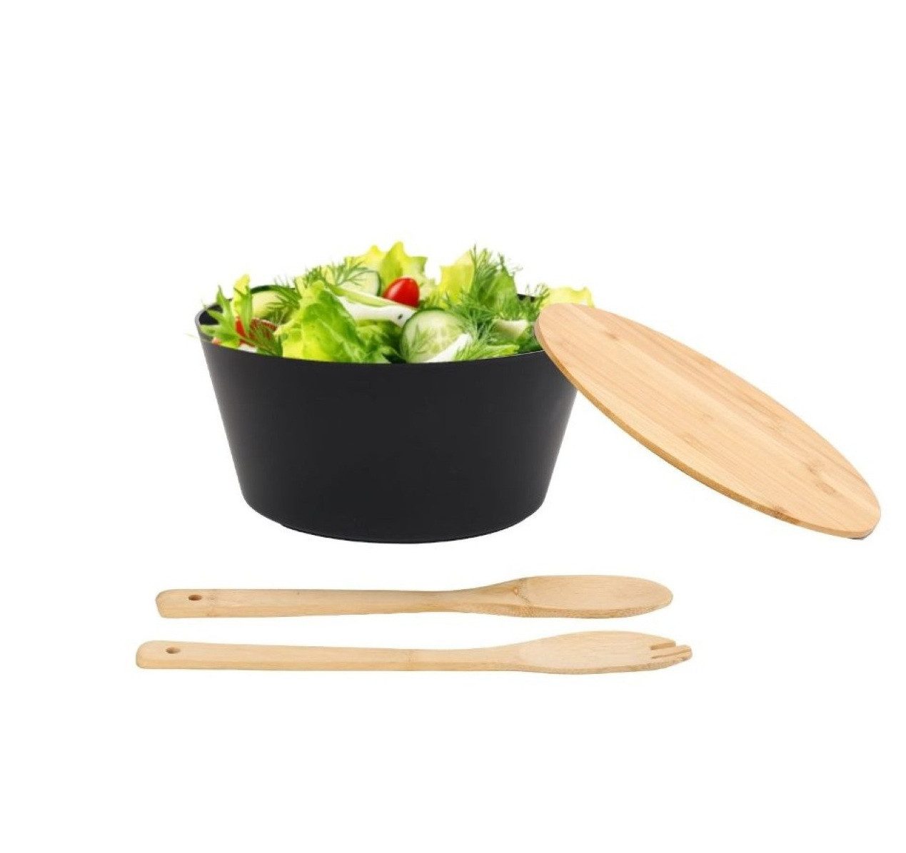 Cheffinger Salatschüssel 4-tlg. Bambus Salatschüssel Set - inkl. Servierbesteck Gabel & Löffel, (4-tlg), ø25 cm