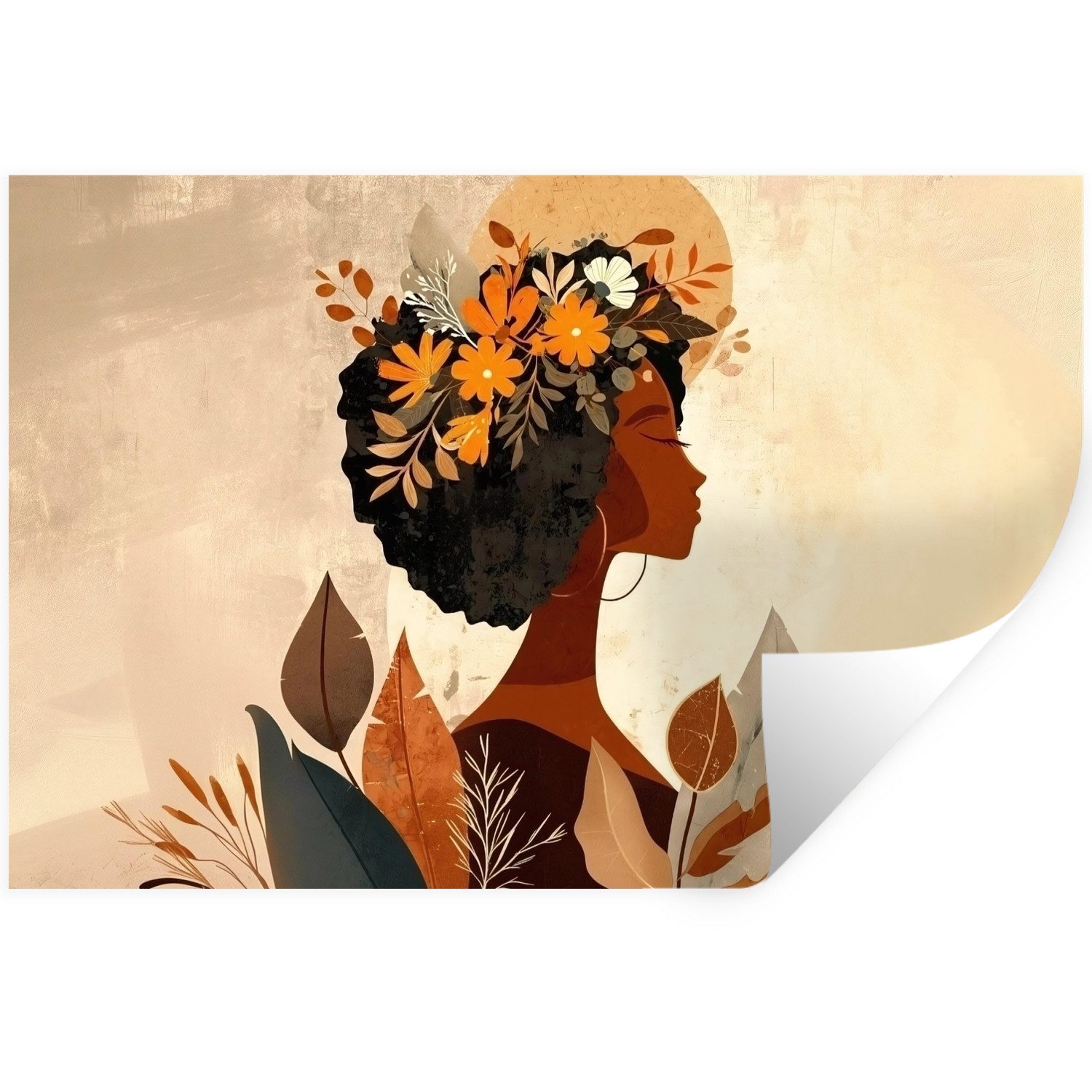 MuchoWow Wandsticker Frau - Locken - Blumen - Beige (1 St), Wanddeko, Aufkleber, Wandtattoo, 120x80 cm