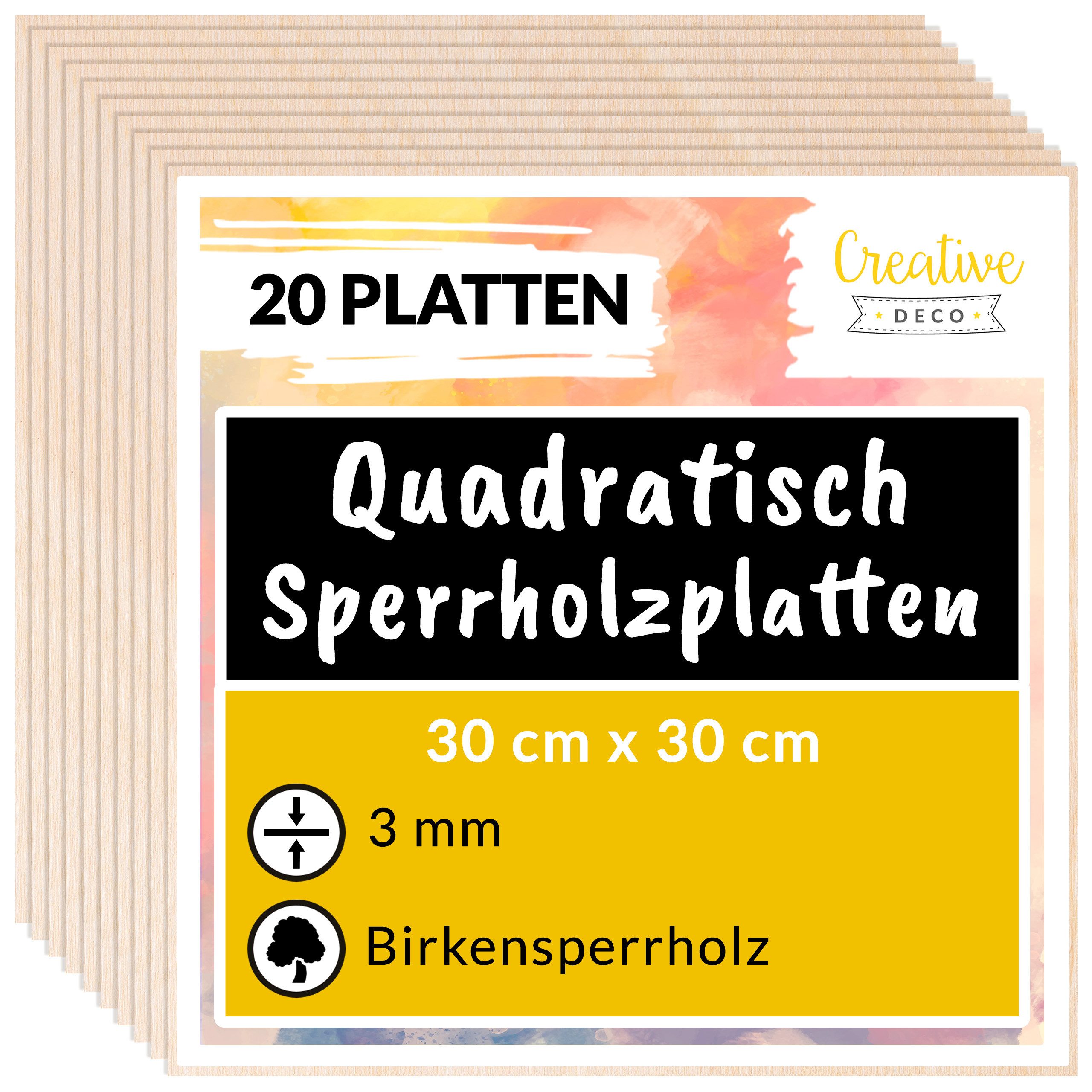 Creative Deco Bastelnaturmaterial Quadratische 3mm Sperrholzplatte 30x30 cm, (20-tlg)
