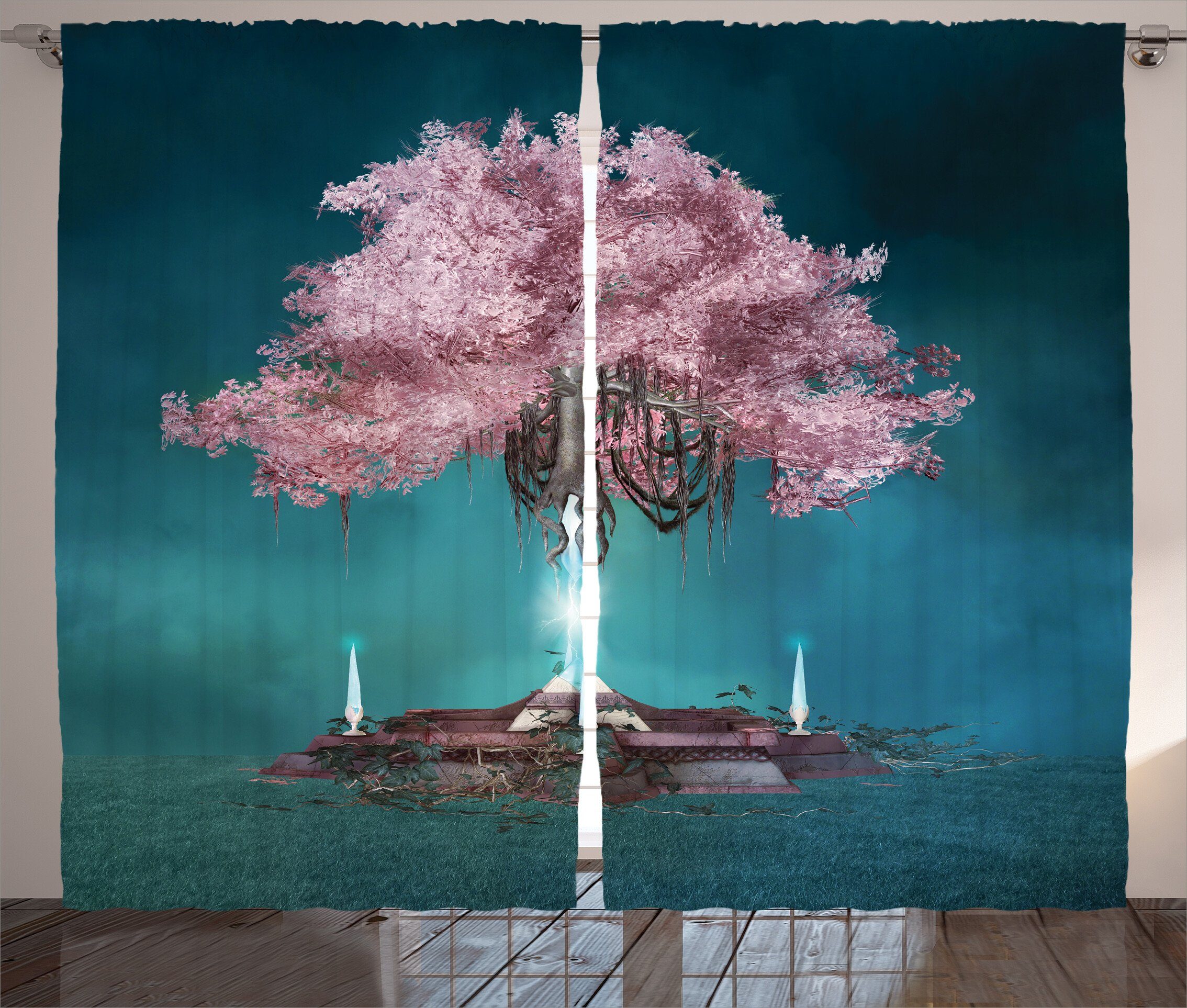 Blüten-Kunst Kräuselband Rosa Gardine Baum Schlaufen Schlafzimmer und mit Abakuhaus, Vorhang Haken,