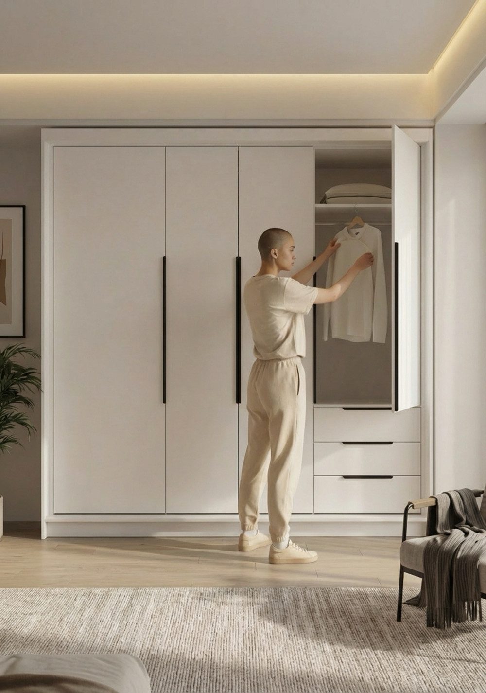 A&J MöbelLand GmbH Drehtürenschrank viertüriger Kleiderschrank mit Schubladen und Metallgriffen. (Geräumiger vier¬türiger Kleiderschrank mit Schubladen und Metallgriffen. Geräumiger Schrank mit einer Breite von 200 cm und Schubladen, ideal zur Aufbewahrung von Kleidung und Accessoires. Viel Stauraum. TOP PRODUKT! Wählen Sie das ideale Modell für Ihr Schlafzimmer!, TOP ANGEBOT) Breite: 200 cm, Höhe: 215 cm, Tiefe: 59,5 cm