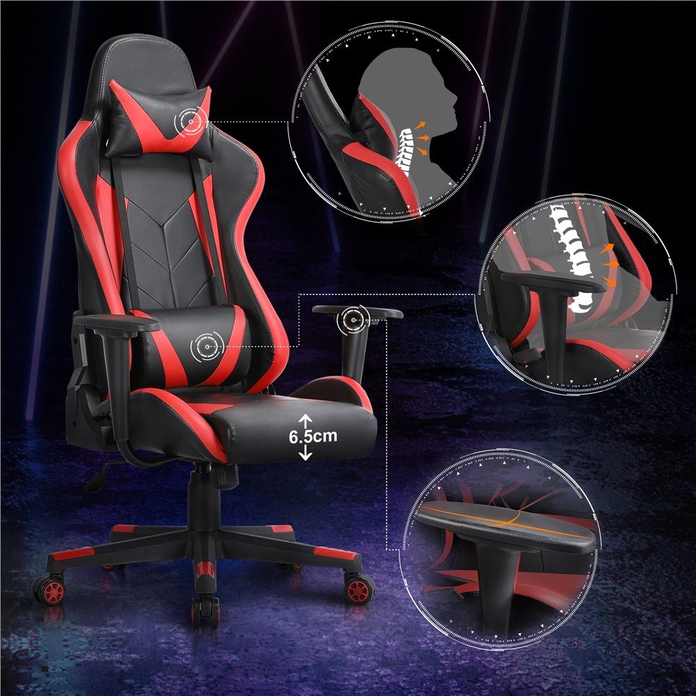 Design und Ergonomisches Schwarz Lendenkissen Yaheetech mit Kopfstütze Gaming-Stuhl, Rot /