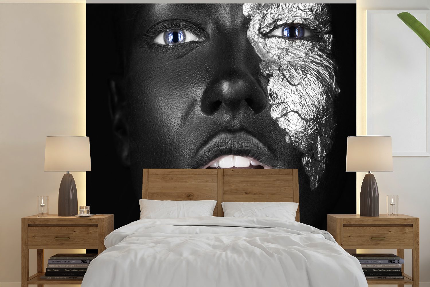 Schlafzimmer, Frau bedruckt, - Wohnzimmer Silber Matt, Fototapete oder Wandtapete Tapete Vinyl für Schwarz, MuchoWow St), (5 -