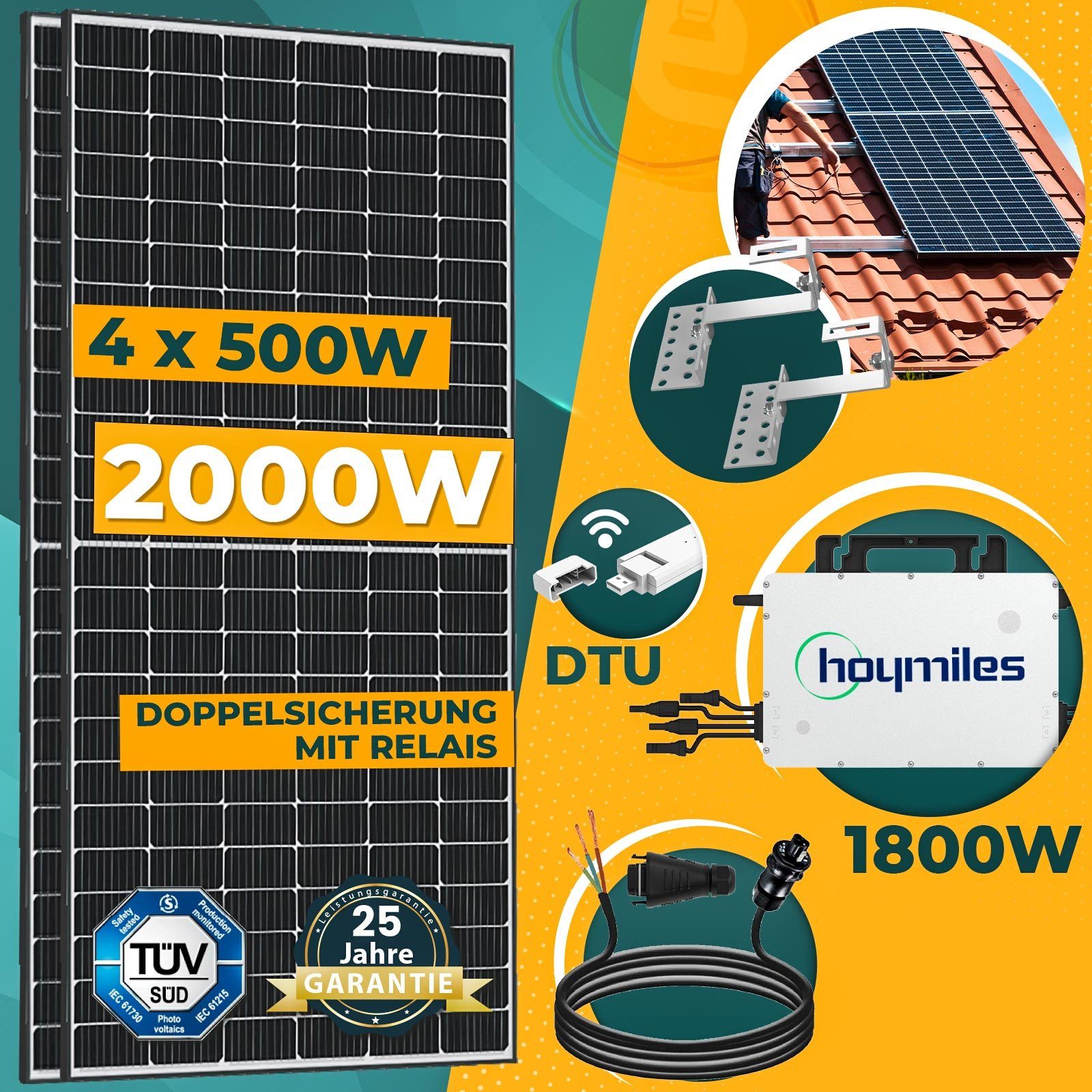 2000W Wechselrichter, Solaranlage Hoymiles 500W enprovesolar inkl. Komplettset PV-Montage Balkonkraftwerk HMS-1800W-4T Solarmodule, und Wielandstecker Ziegeldach DTU-Wlite-S, 10M