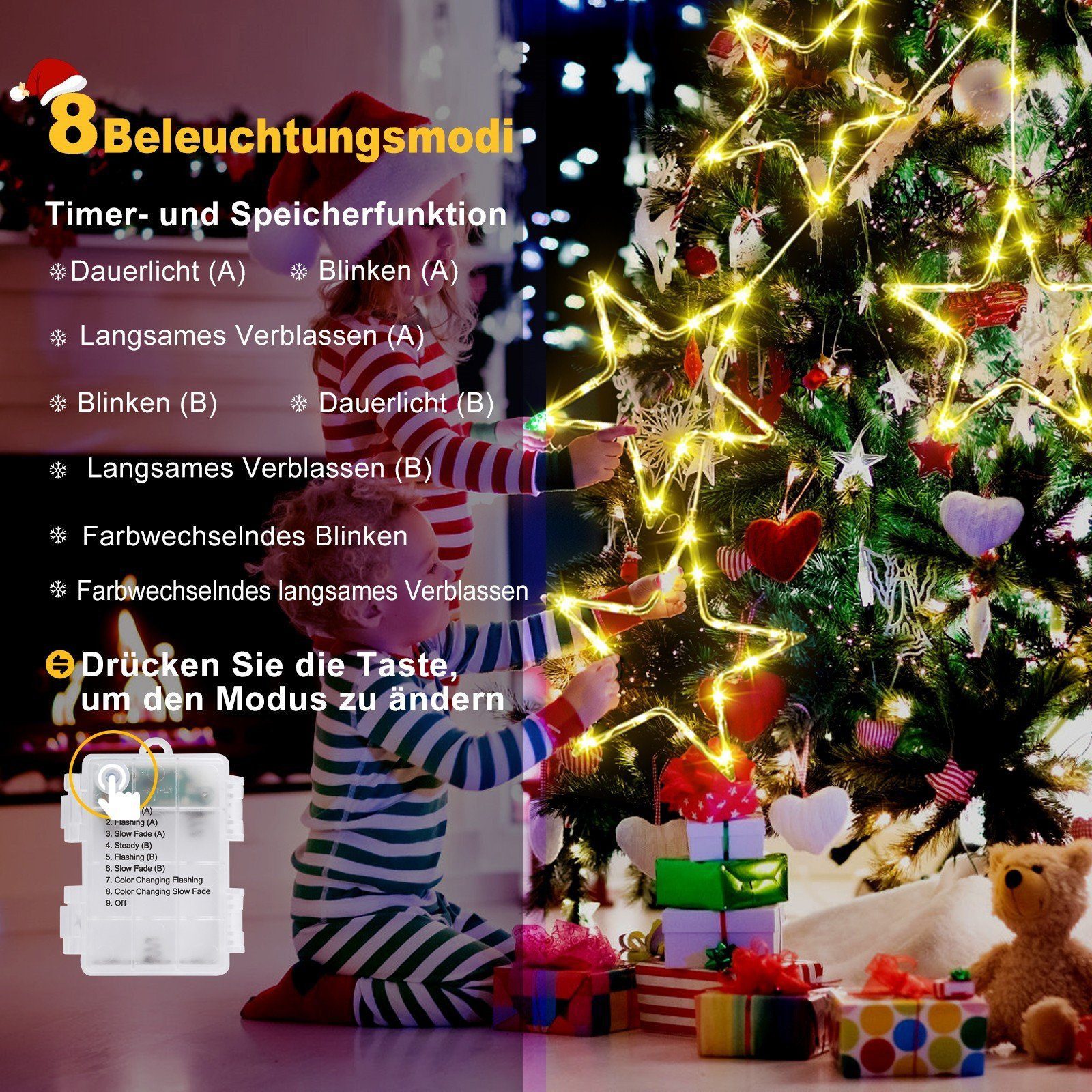Quntis LED-Lichterkette Weihnachtsdeko Fenster Stern, beleuchtete Weihnachtsbeleuchtung, Lichterkette Sterne mit Timer Innen/Außen, Weihnachtsstern Fensterdeko – Bild 4 von 5