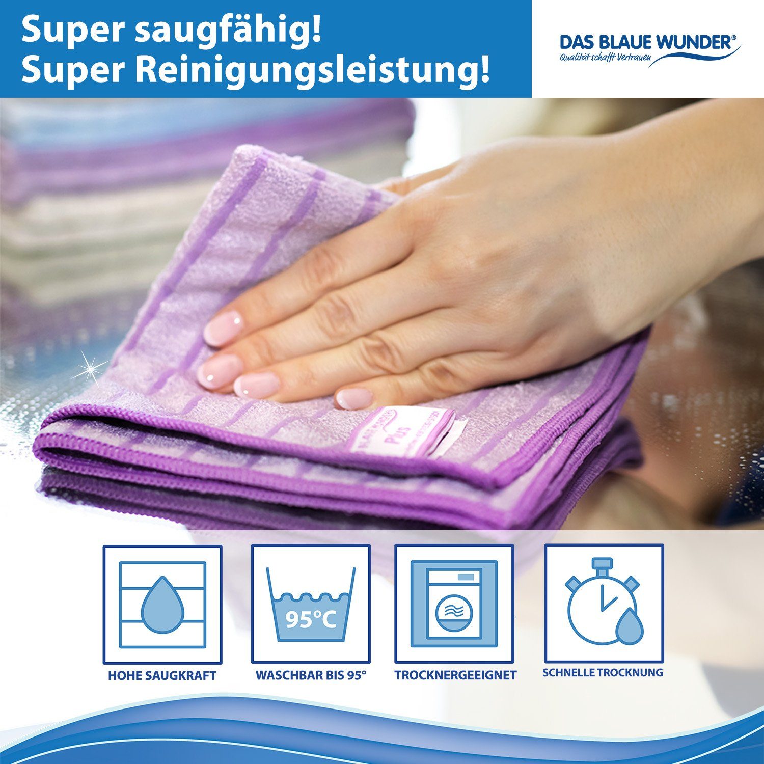 Das Blaue Wunder® PLUS Mikrofasertücher Reinigungstuch (Set: 8 x 40x40cm, Sehr saugstark, zum Reinigen und Trocknen) – Bild 4 von 5