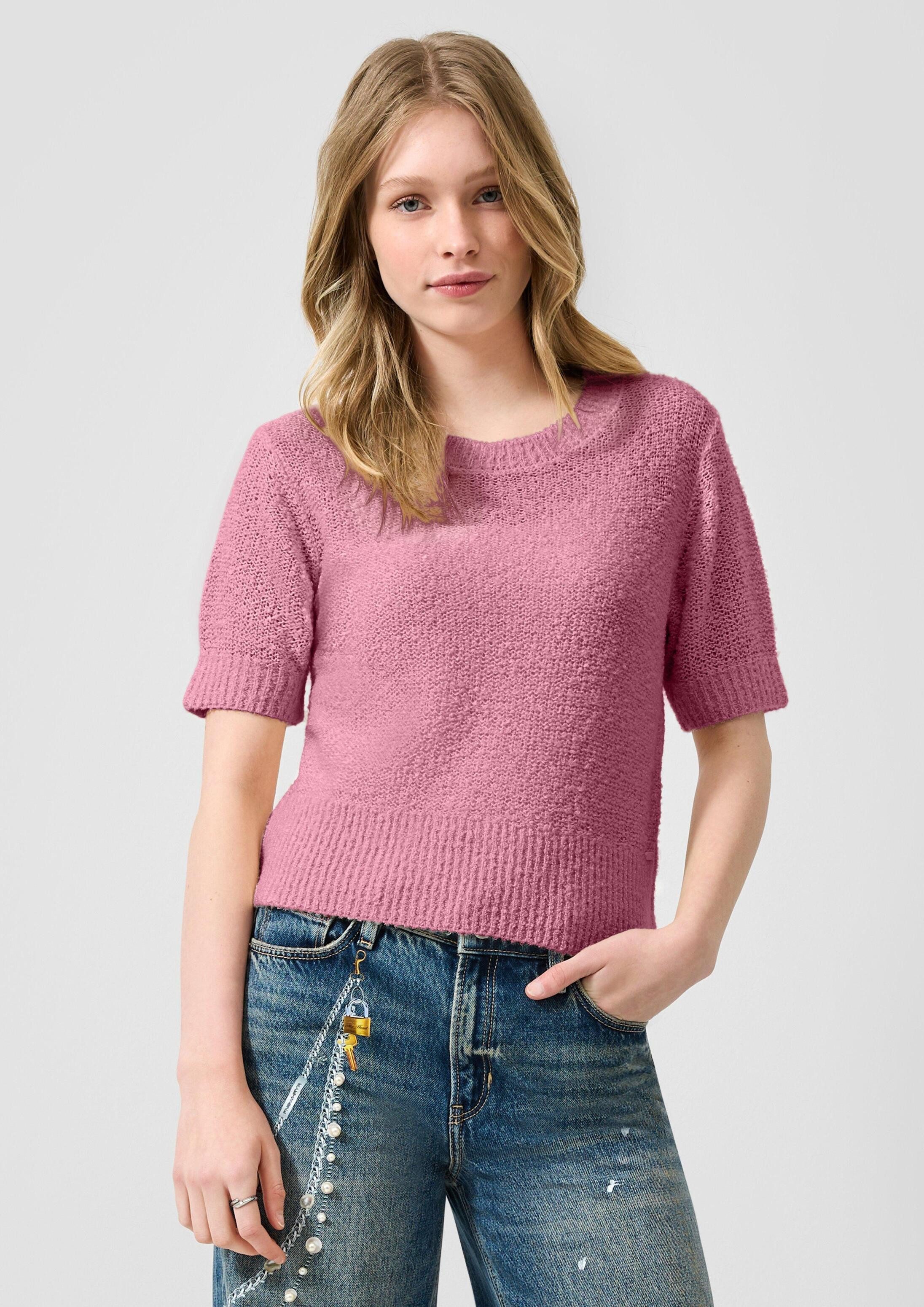 QS Kurzarmpullover Strickpullover Kurzarm-Pullover in Bouclé-Optik