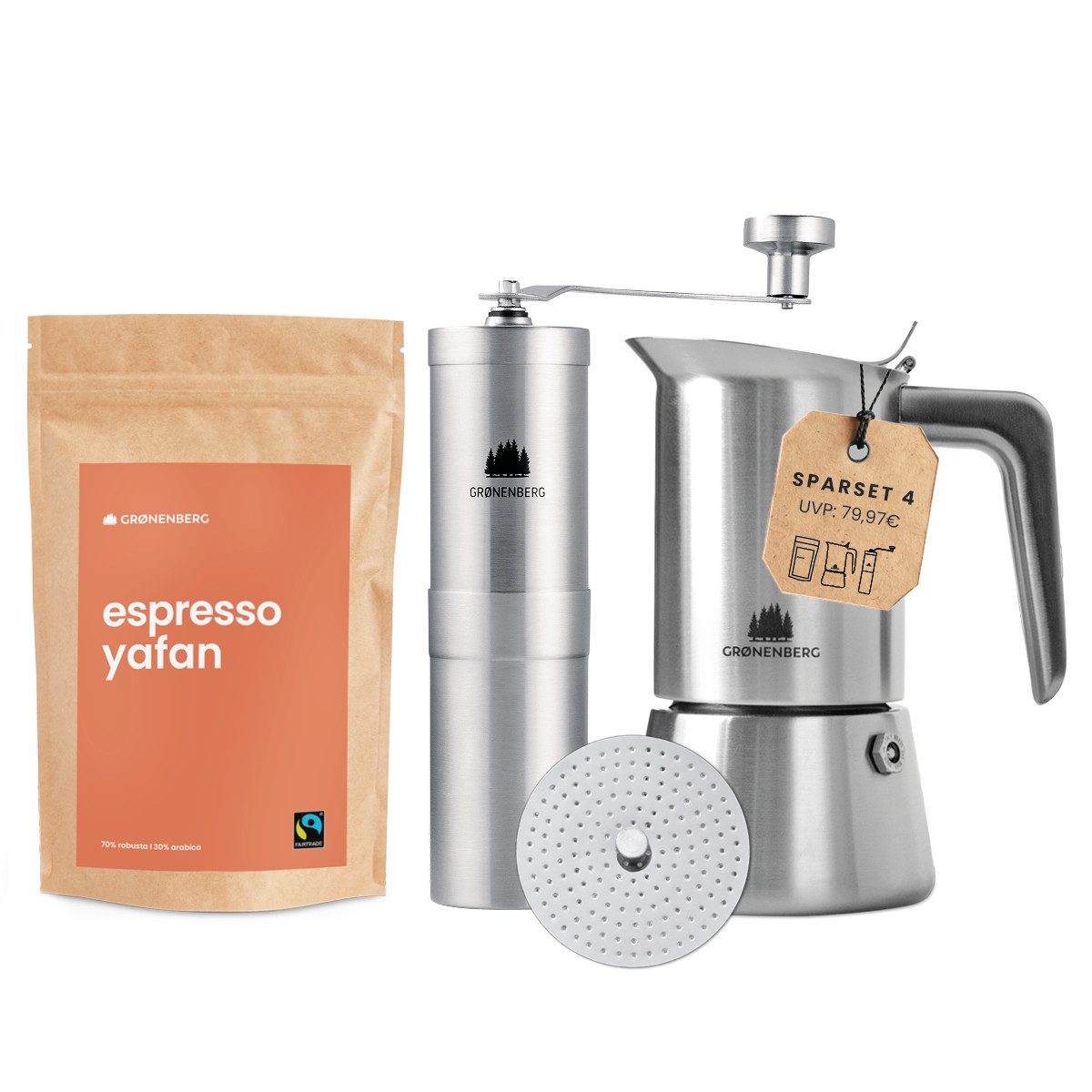GRØNENBERG Espressokocher Spar Set 4: Espresso 250g + Kaffeemühle + Espressokocher (4, 6 Cup), Induktion geeignet & Inkl. Ersatz Dichtung