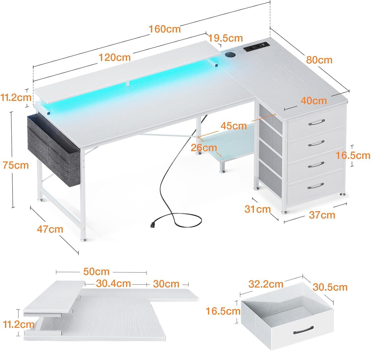 ODK Eckschreibtisch mit 4 Schubladen, Schreibtisch mit Steckdosen & USB Ladeanschluss, Weiß, 160x80x86cm