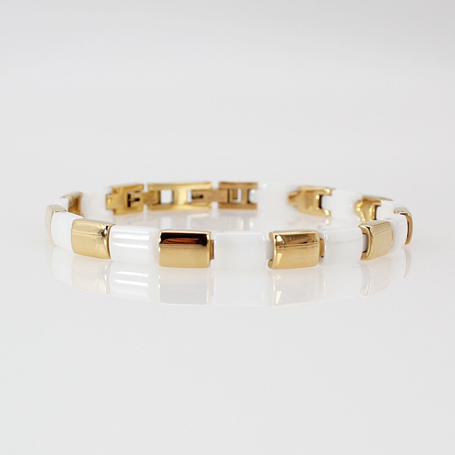 Gold Edelstahlarmband und inklusive ELLAWIL Geschenkschachtel Weiß, cm), Gliederarmband Edelstahl aus (Armbandlänge 19 Keramik Armband