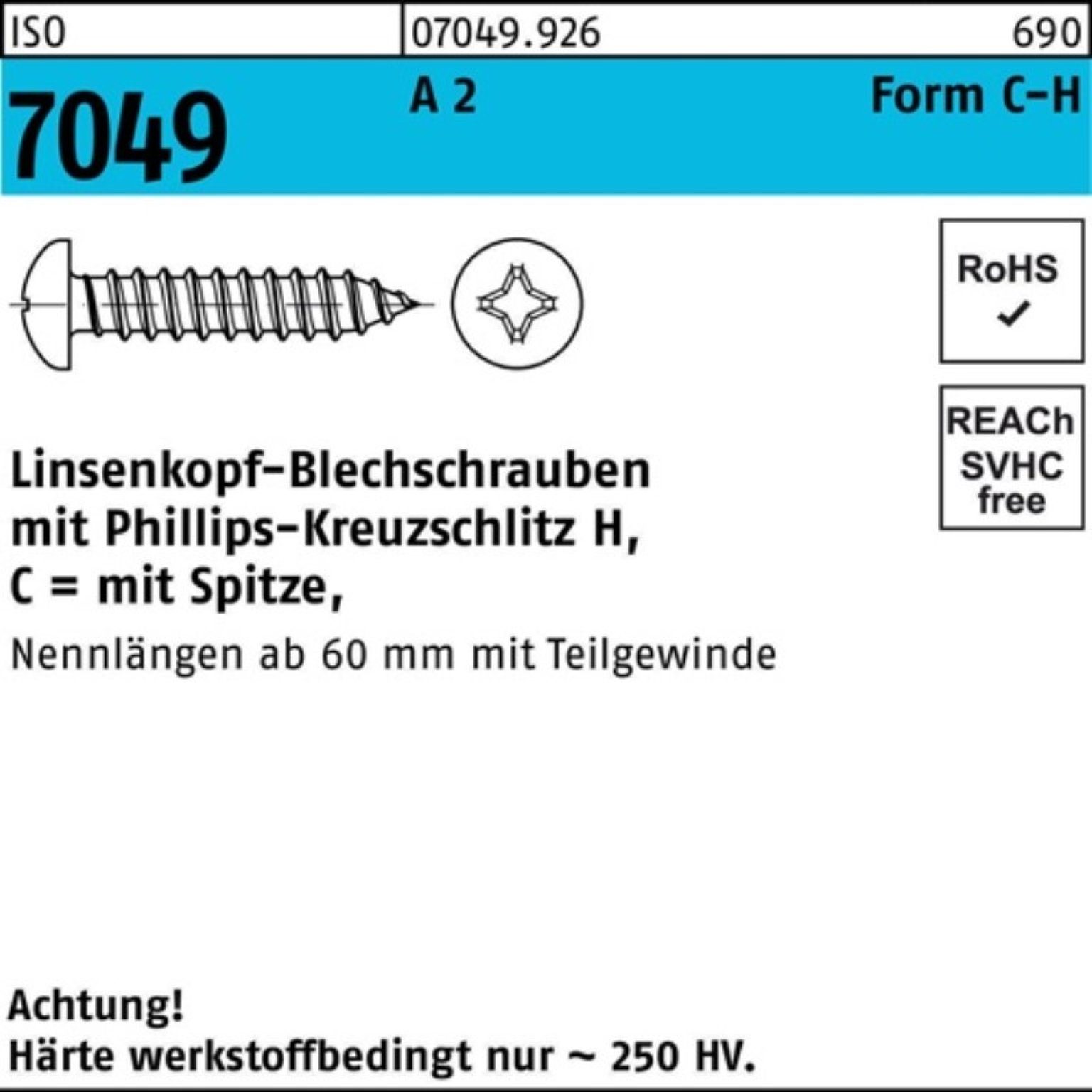 Reyher Blechschraube 100er Pack Blechschraube ISO 7049 LIKO Spitze/PH C 4,2x 22-H A 2 100 S