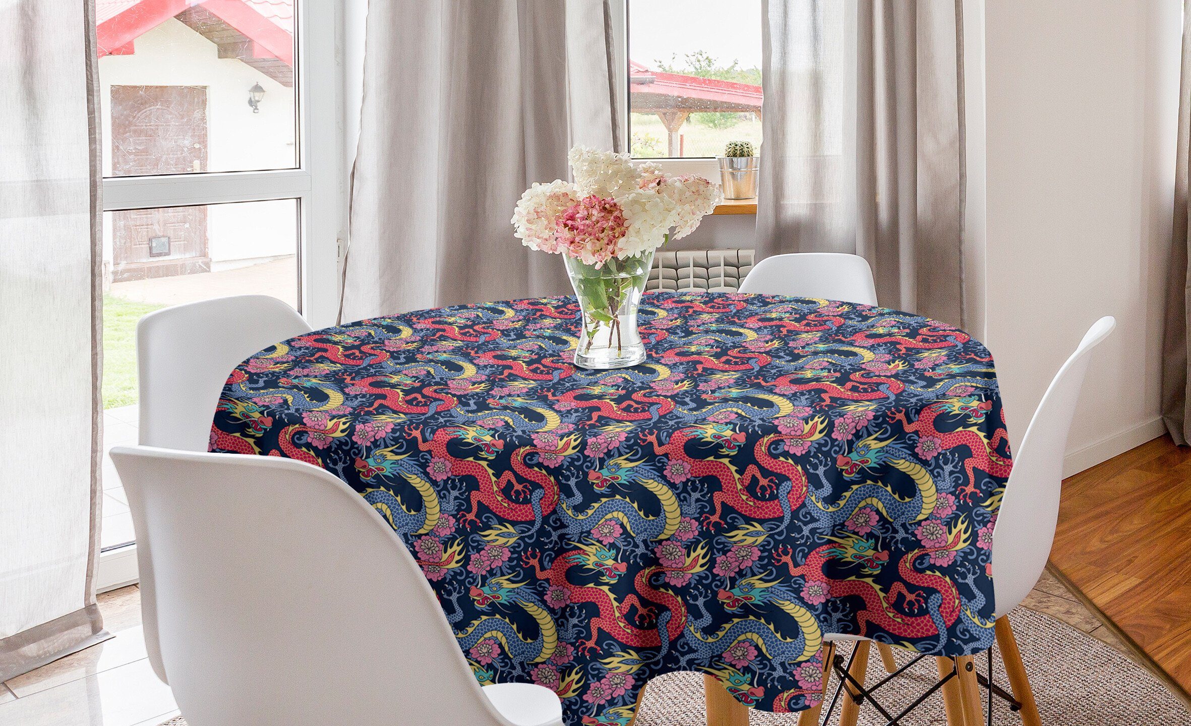 Tischdecke Drachen Verzierte Esszimmer Abdeckung Abakuhaus Highly Kreis Dekoration, für Küche Blumen Tischdecke