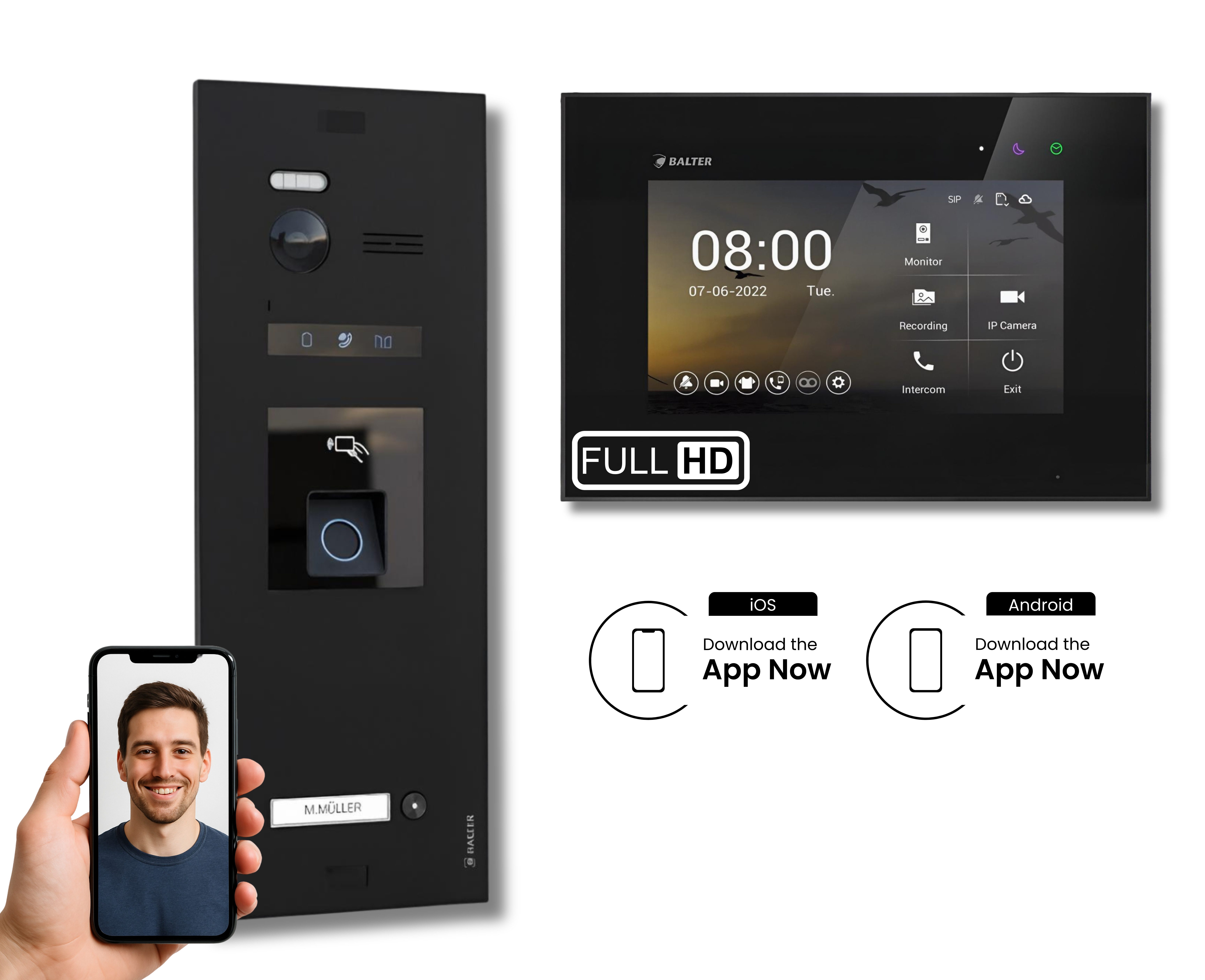 Balter Video-Türsprechanlage BALTER HD WLAN Türsprechanlage FP/RFID EVO 1-Familienhaus Schwarz (Set, 1-Familienhaus, Komplettset, Full HD 175° Kamera, Fingerprint, RFID)