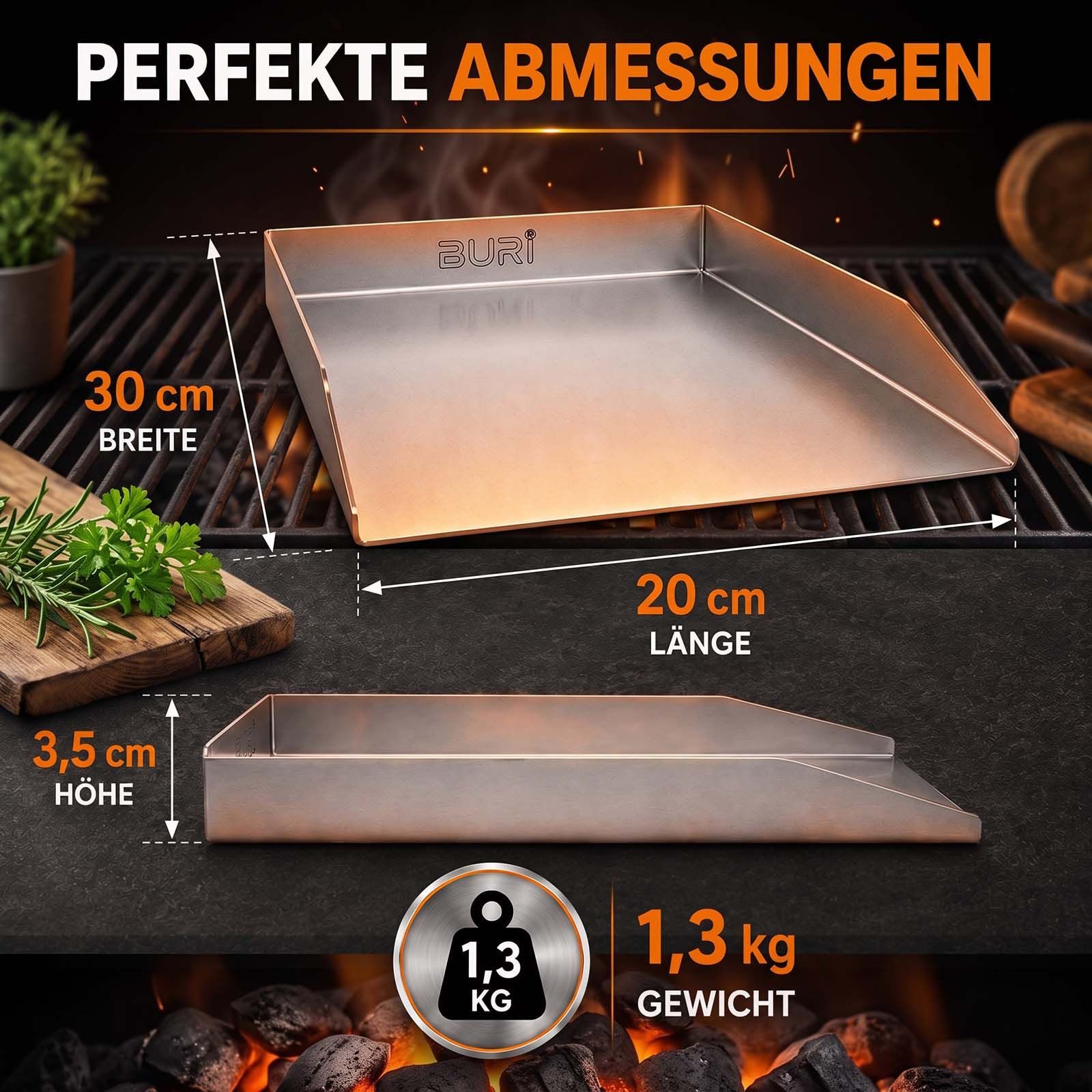 BURI Grillplatte Plancha Grillplatte 30x20cm Edelstahl 2 mm mit offener Vorderseite BBQ – Bild 2 von 5