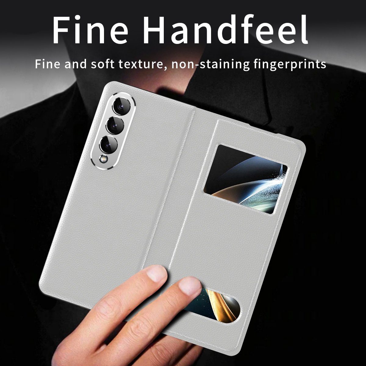 Wigento Handyhülle Für Samsung Galaxy Z Fold4 5G Window View Flip Cover Kunstleder Handy Tasche Hülle Etuis Weiß