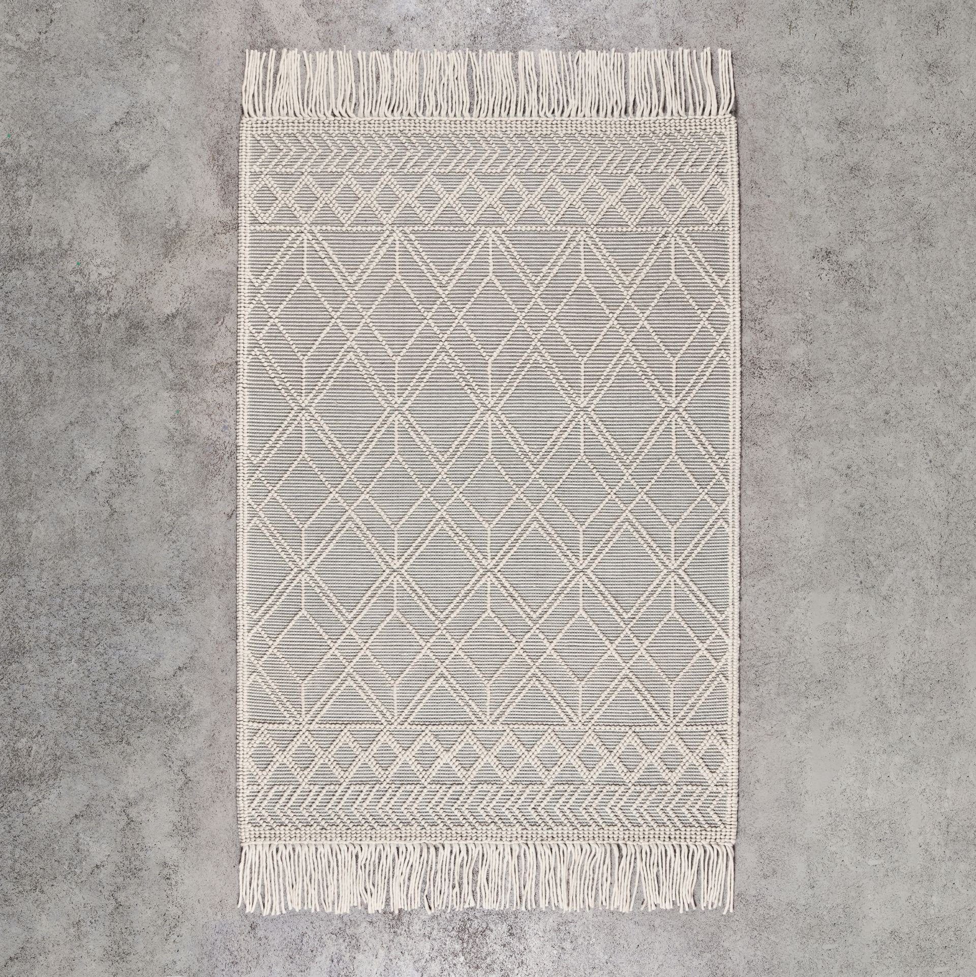 und weißem Ralma, Höhe: Webteppich Grau Wohnzimmer rechteckig, Teppich, Scandi-Style, im Teppich mit % Rautenmuster geeignet (80 5 mm, 160x230cm, für Schlafzimmer carla&marge, Wolle),