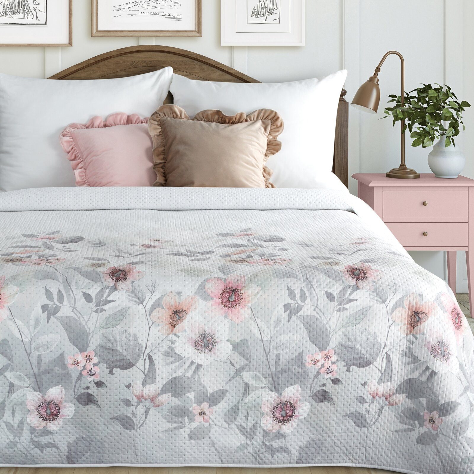 Eurofirany Tagesdecke floral, gesteppt & beidseitig, Bettüberwurf mit Blumenmuster, 170x210, 200x220, 220x240