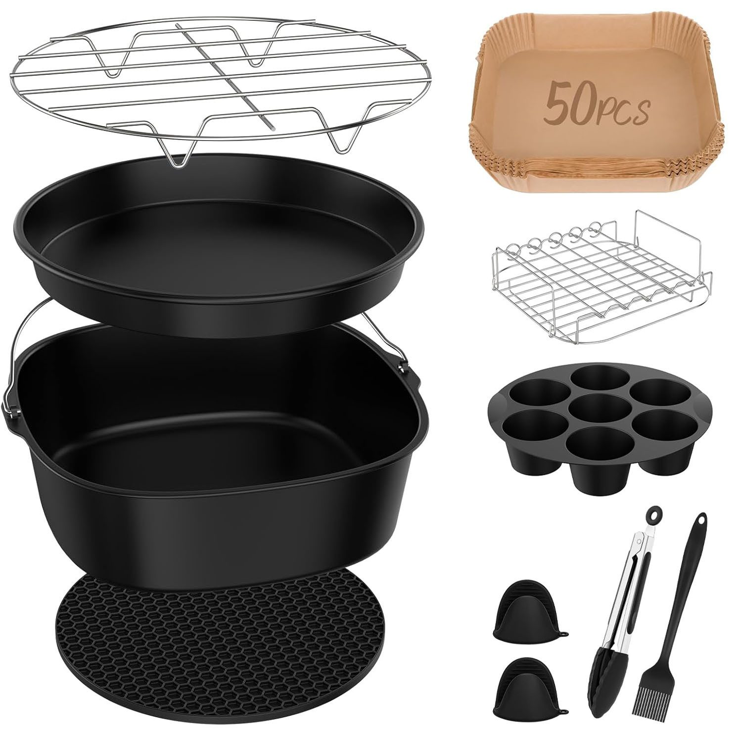 SURFOU Backform Heißluftfritteuse 11-teilig Zubehör Airfryer 304 Edelstahl 5,5L-6,4L, (für Philips Airfryer XXL,Ninja MAX PRO AF180EU Double Stack), Das Rösten von Pommes, Spießen, Gemüse, Kuchen