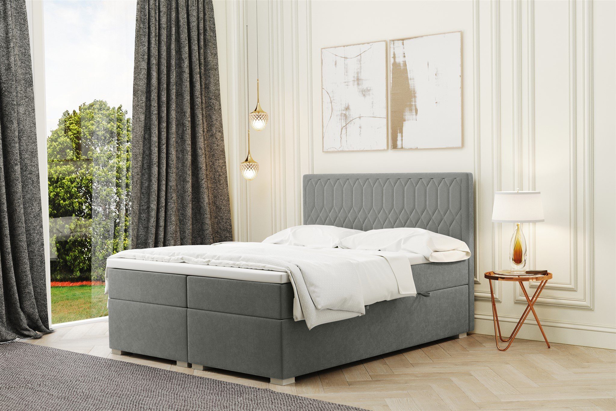 Fun Möbel Boxbett Schlafzimmerbett DUSTY Überlänge (220cm) in Stoff Riviera (Stoff Riviera, inkl. Kaltschaumtopper), inkl. Bettkasten