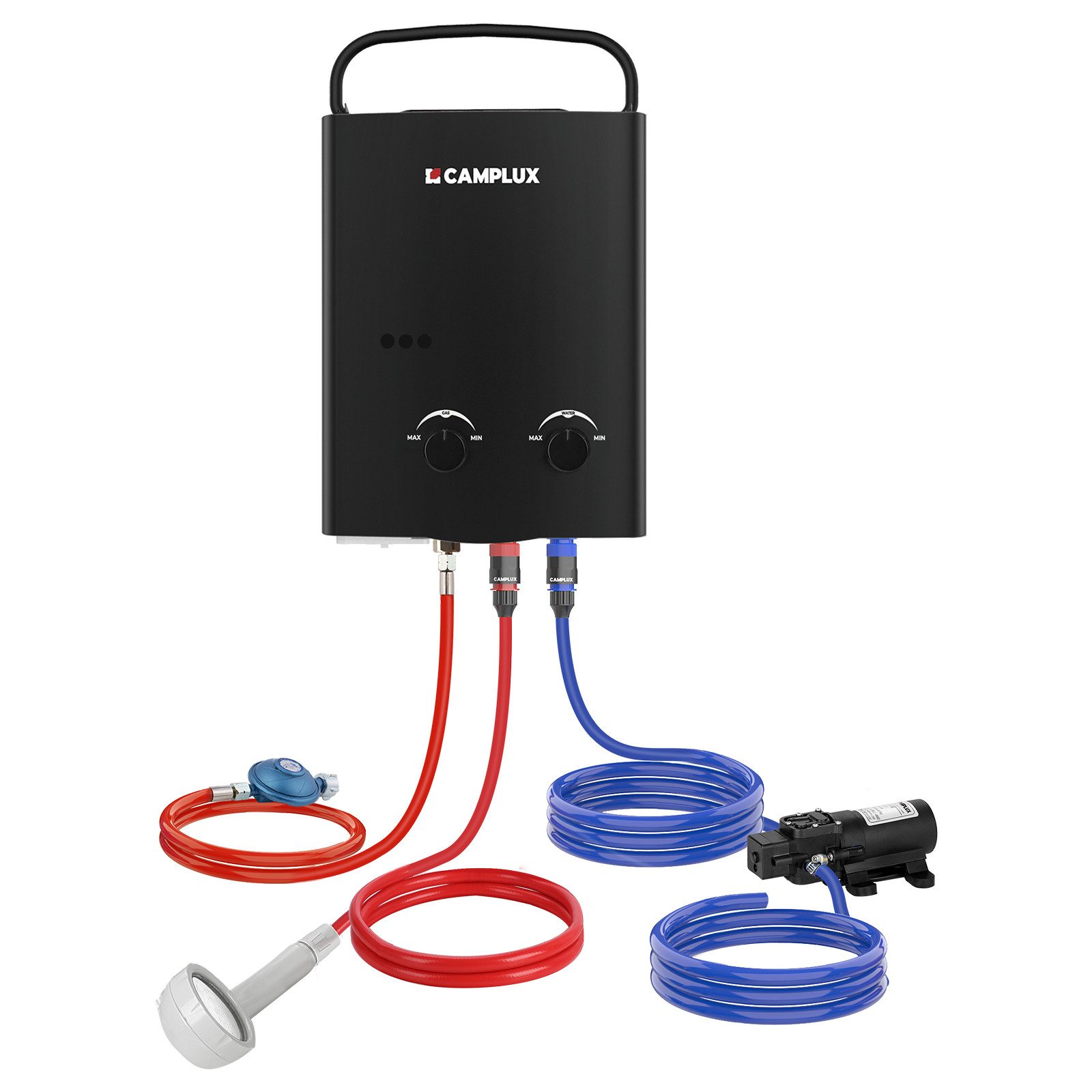 CAMPLUX Durchlauferhitzer 5L Campingdusche AY132BP43-DE Wasserboiler, mit 4,3L Wasserpumpe, min. 10 °C, max. 65 °C, LPG Propan 10 kW Durchlauferhitzer mit 12V Wasserpumpe kit