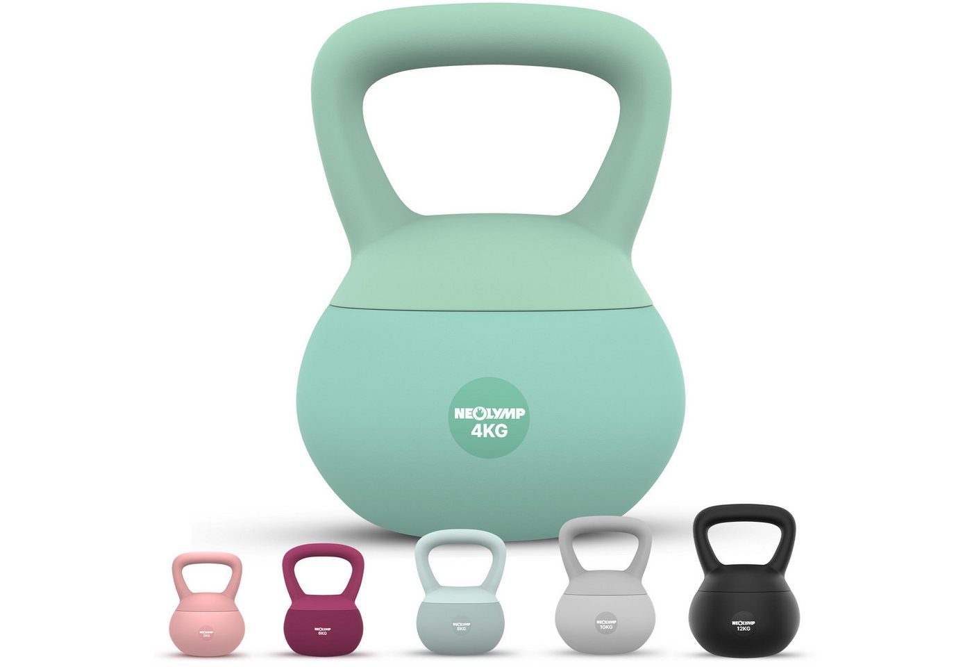 NEOLYMP Kettlebell Soft Kettlebell bodenschonend & leise - stoßdämpfende Kugelhantel, (Soft Kettlebell ideal fürs Homegym Kettlebell 2–12 kg Kugelhantel Set), Kugelhantel mit Eisensandfüllung - ergonomischer Softgriff