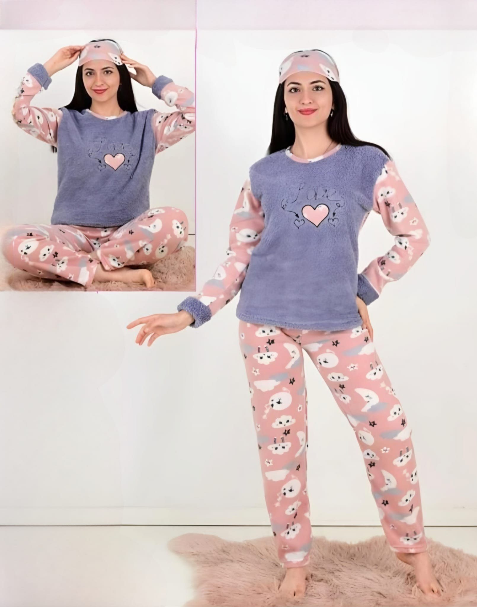 Selef Creation Schlafanzug 3Tlg für Winter Set Rosa Flauschige Pyjama Pyjama
