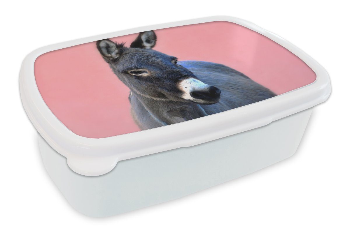MuchoWow Lunchbox Esel in Schwarz, Kunststoff, (2-tlg), Brotbox für Kinder und Erwachsene, Brotdose, für Jungs und Mädchen weiß