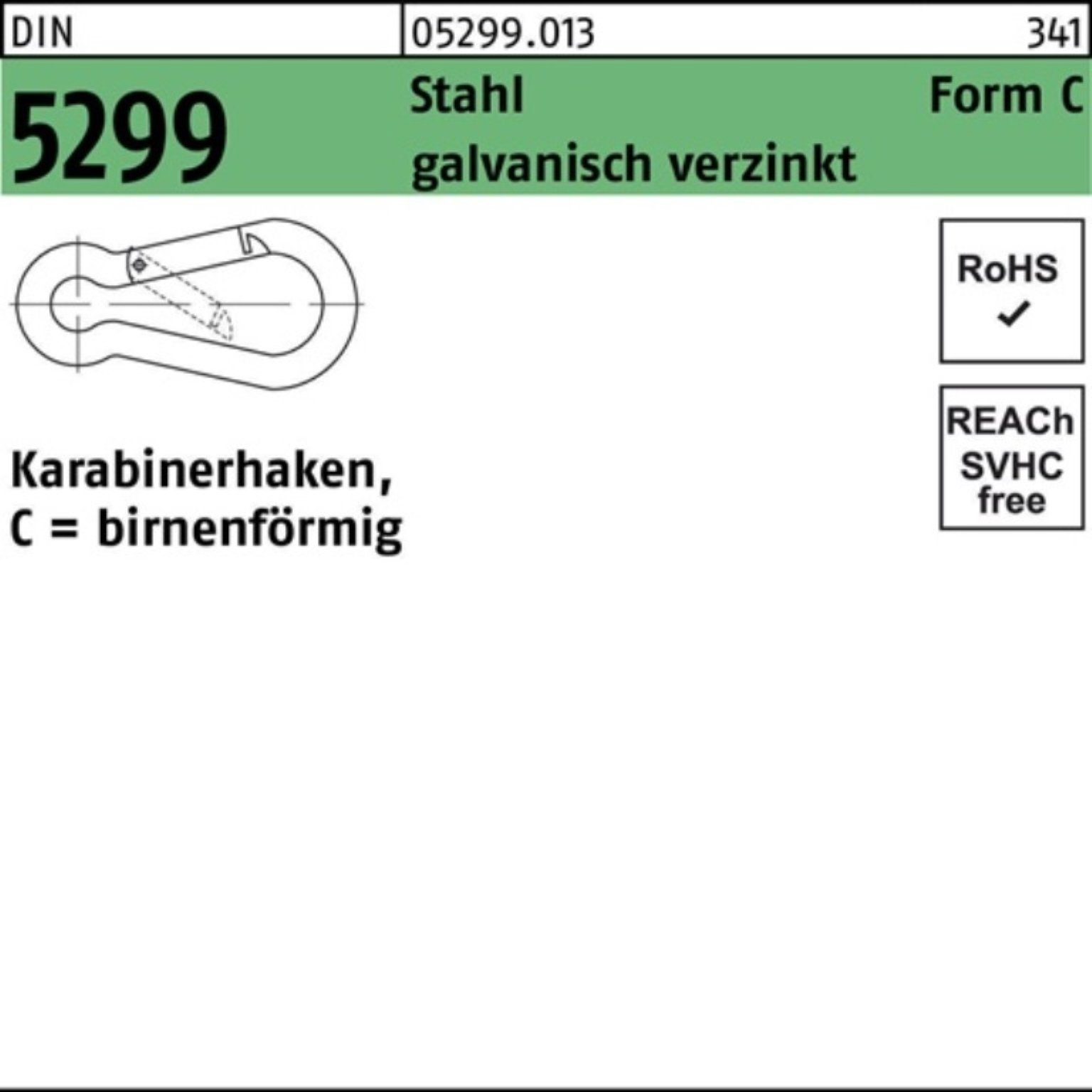 Reyher Karabiner 100er Pack Feuerwehrkarabinerhaken DIN 5299 FormC birnenförmig C 60x6