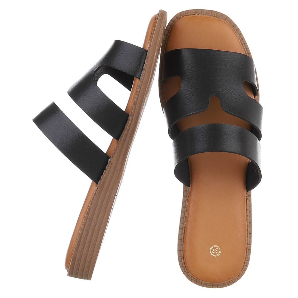 Ital-Design Damen Sandale mit breiten Riemen und bequemer Innensohle Pantolette (91409329) Keilabsatz/Wedge Pantoletten in Schwarz
