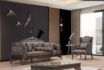 Casa Padrino Sessel Luxus Barock Ohrensessel Blau / Grau / Gold 75 x 83 x H. 115 cm - Prunkvoller handgefertigter Wohnzimmer Sessel mit dekorativem Kissen - Barock Wohnzimmer Möbel