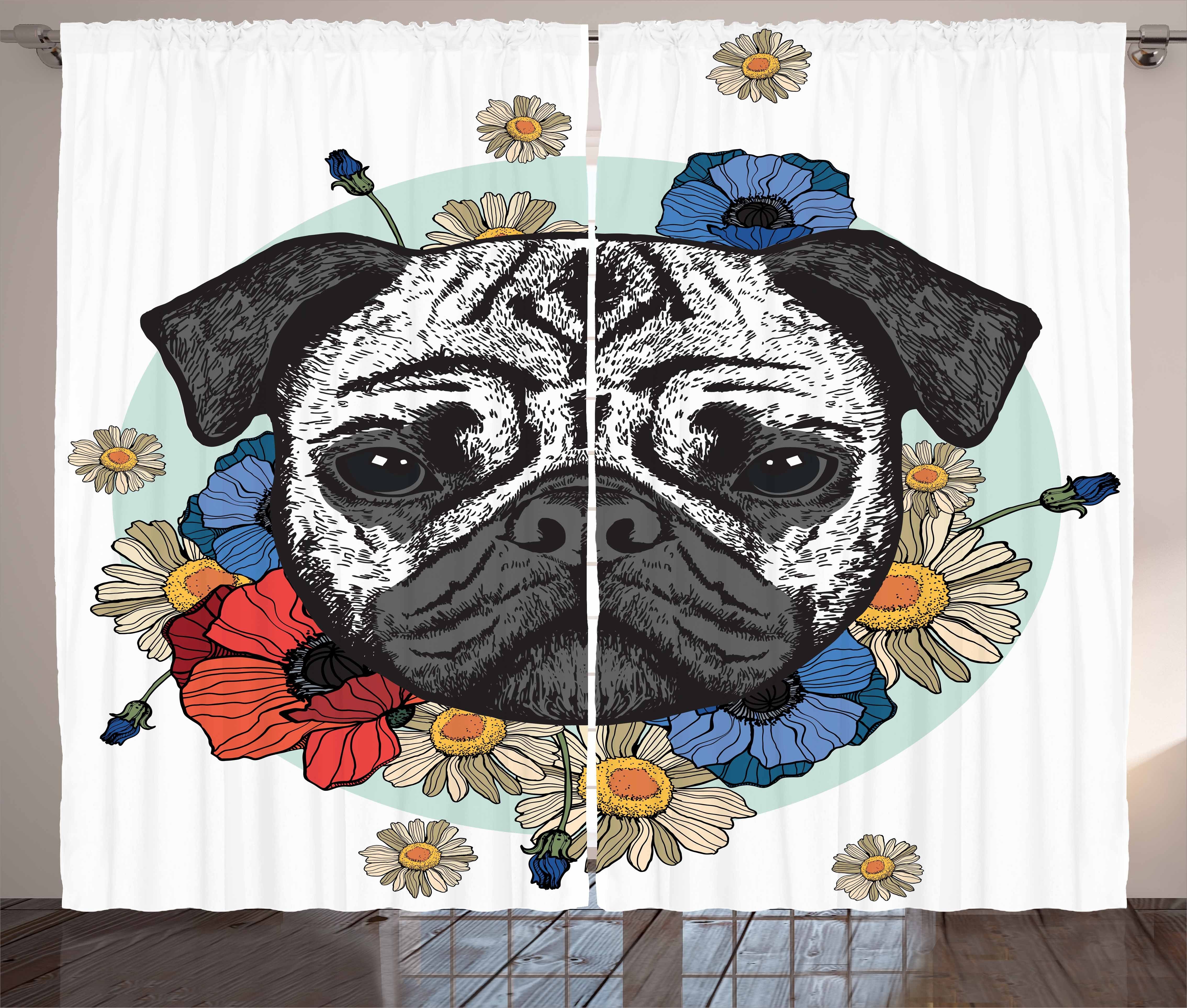 Gardine Schlafzimmer Kräuselband Vorhang mit Schlaufen und Haken, Abakuhaus, Mops Schwarzweiß-Bild Kopf des Hundes