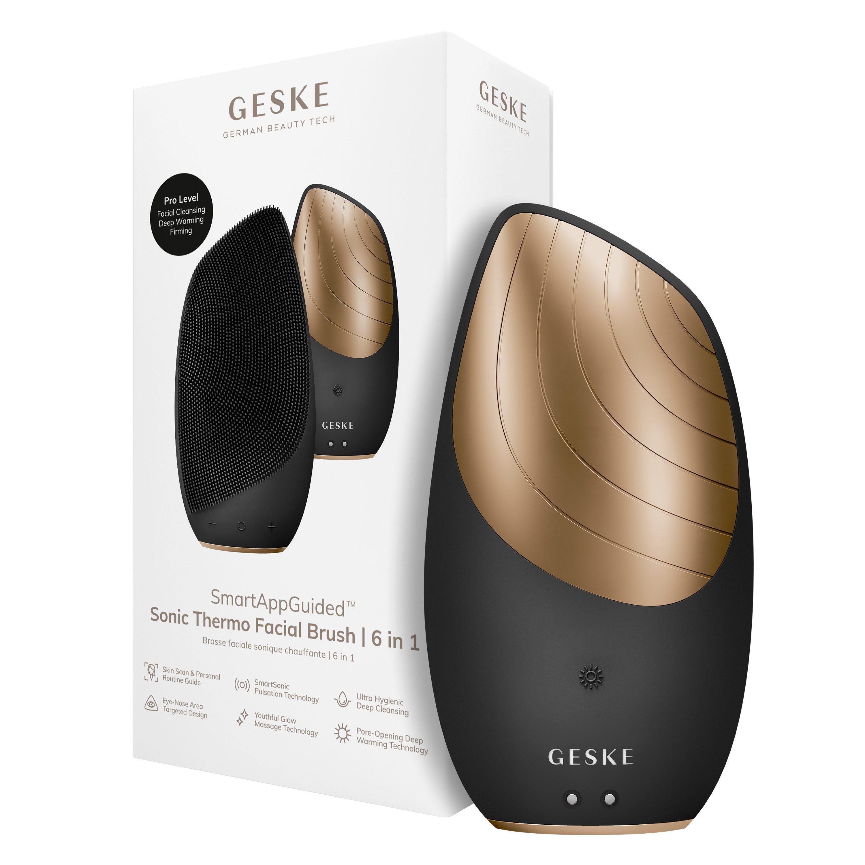 GESKE German Beauty Tech Elektrische Gesichtsreinigungsbürste SmartAppGuided™ Sonic Thermo Facial Brush 6 in 1, Packung (Gerät & USB-Ladekabel), 2-tlg., Gerät inkl. kostenloser APP (SmartAppGuided Device), Anti-Aging Massage-, SmartSonic Pulsation- & Tiefen-Wärme-Technologie