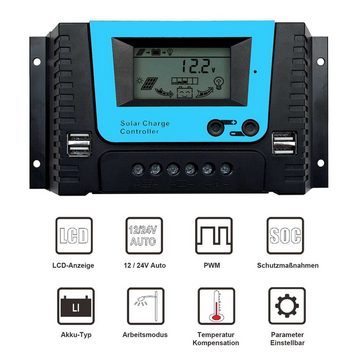 GLIESE Solarladeregler 10A -Laderegler, 12V/24V PWM, Smart-Regler, Display