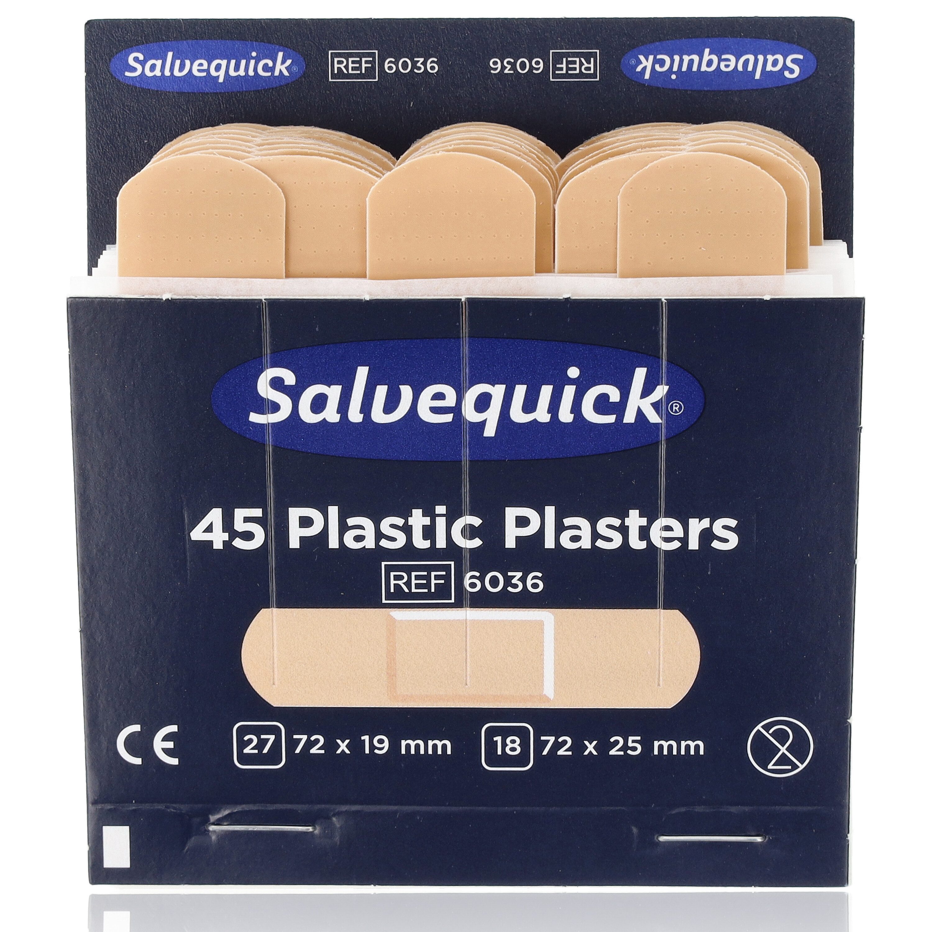 Salvequick® Wundpflaster Salvequick 6036 Wasserfeste Pflasterstrips Refill 45Stk (Nachfüllpackung, 45 St., in zwei Größen), allergiegetestet, hautfreundlich, selbstklebend