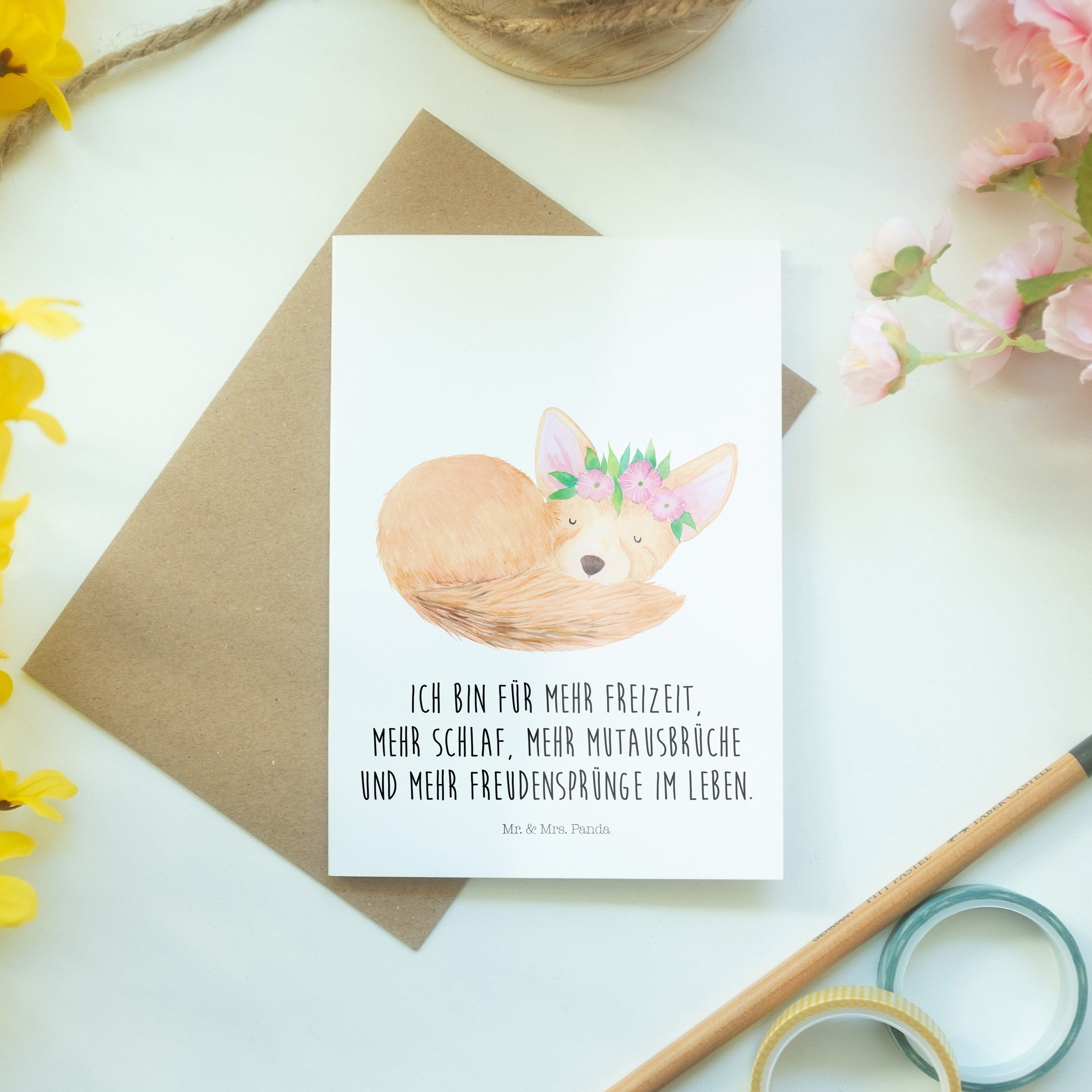- Wüstenfuchs Panda Einladungskarte, Geschenk, Mr. Mrs. Afrika, Weiß & H Grußkarte - Blumenkranz