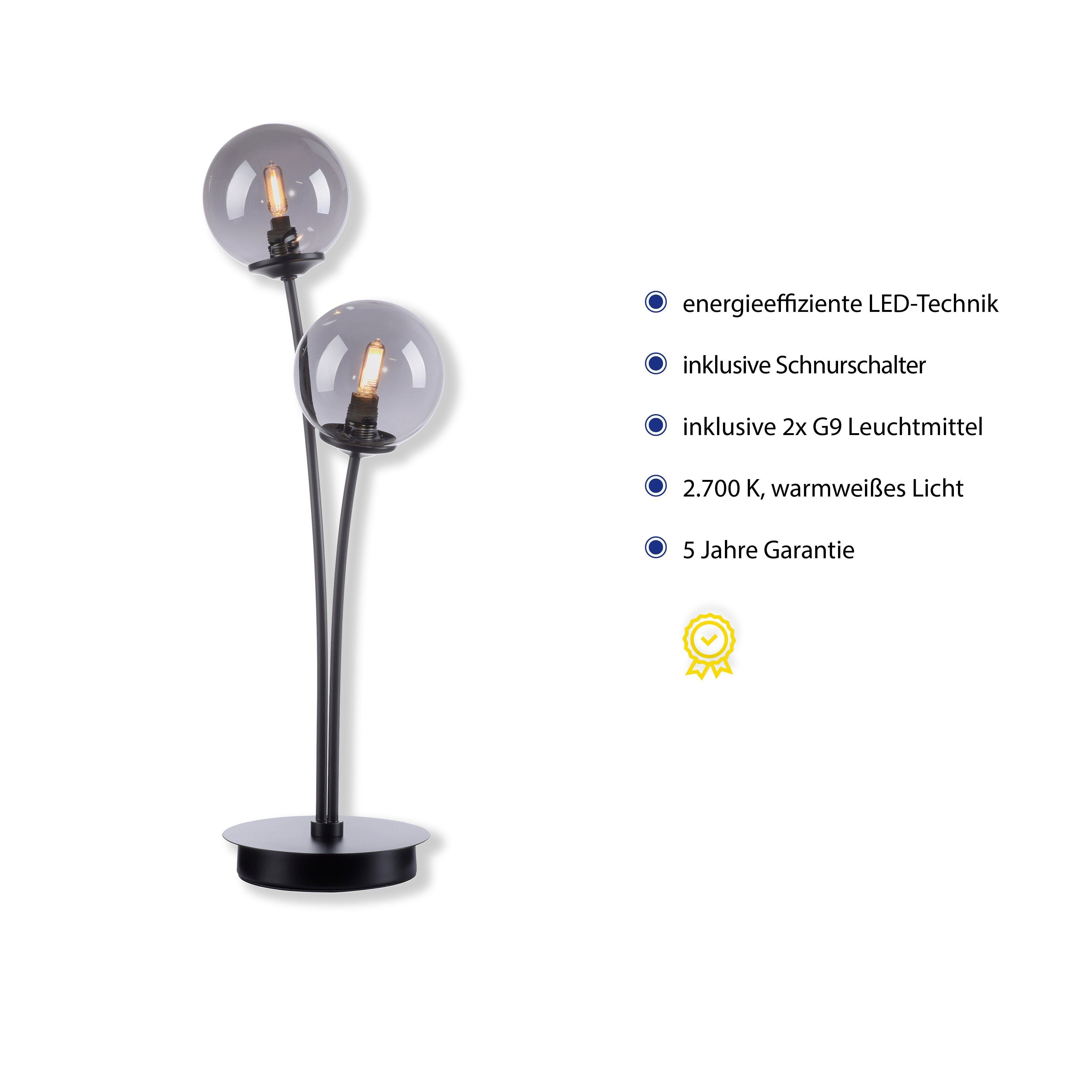wechselbar, LED Schalter, LED Nachttischlampe WIDOW, Warmweiß, Neuhaus Paul Schnurschalter