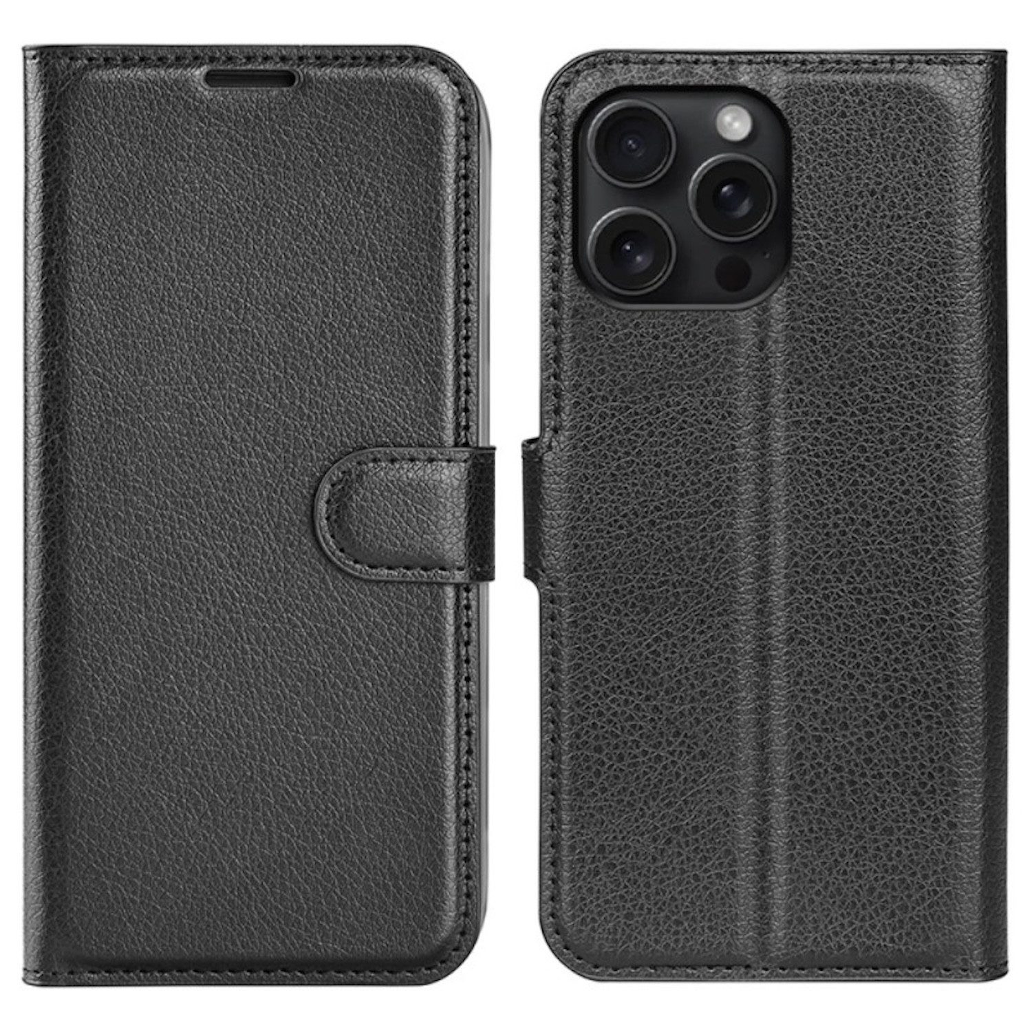 Wigento Smartphone-Hülle Für Apple iPhone 16 Pro Kunstleder Book Wallet Tasche Hülle Schwarz, Kunstleder Book Wallet Hülle mit Magnetverschluss